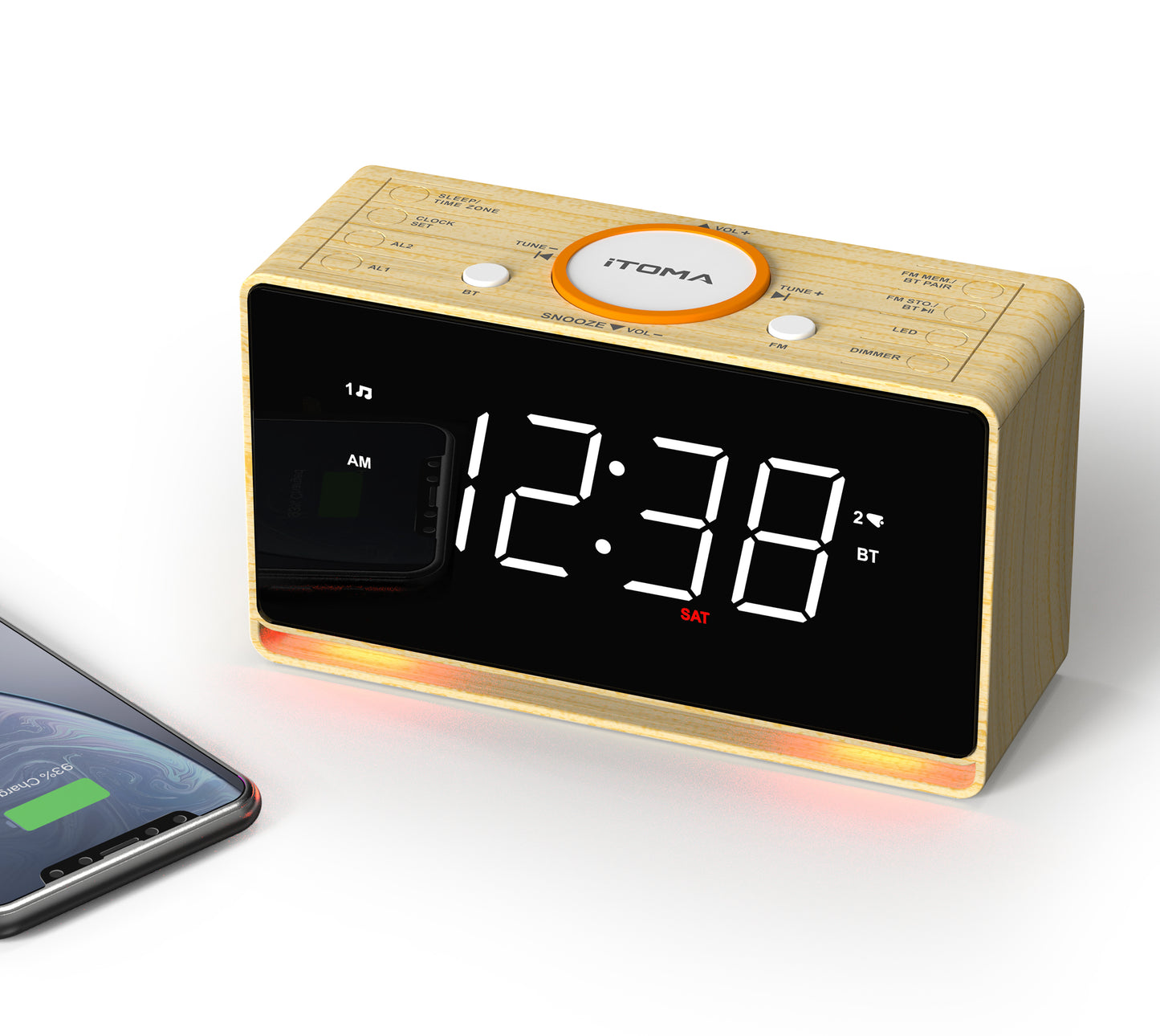 Radio despertador digital con pantalla LED blanca de 1,4" y Bluetooth, radio FM, alarma dual, temporizador de apagado automático, función de repetición, atenuador automático y manual, cargador USB y luz nocturna iTOMA 718