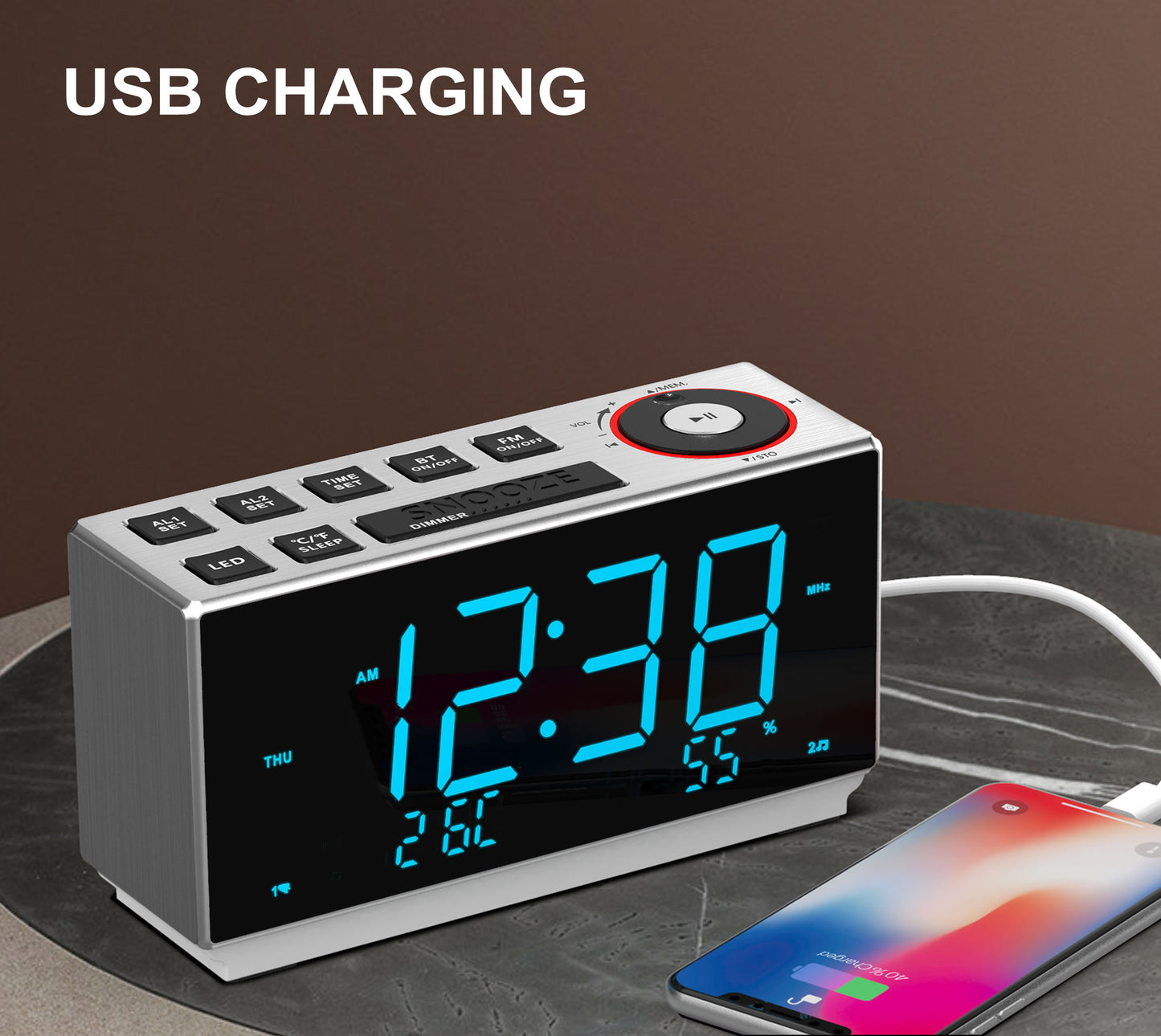 Dual Alarm Clock with FM Radio, USB Charging, 1.8'' LED Display, Night Light, Snooze, Dimmer Control, Bluetooth Speaker, Temperature & Humidity Display iTOMA 508
