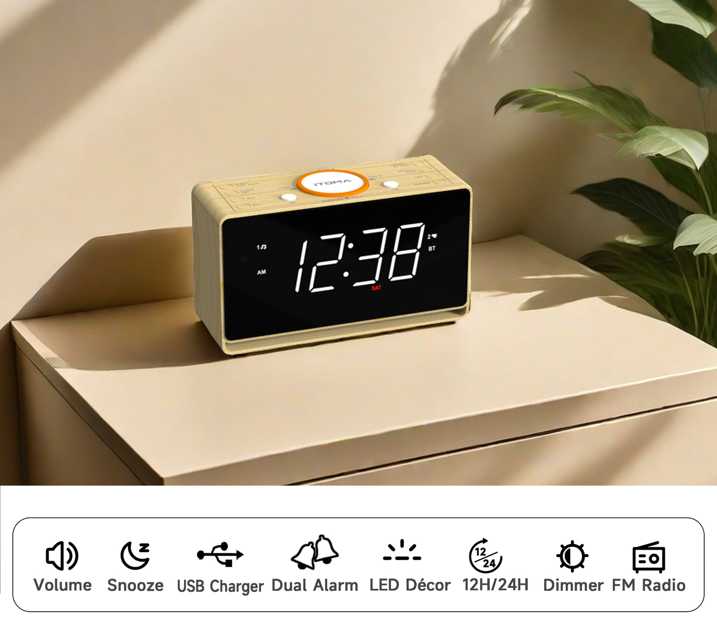 Radio despertador digital con pantalla LED blanca de 1,4" y Bluetooth, radio FM, alarma dual, temporizador de apagado automático, función de repetición, atenuador automático y manual, cargador USB y luz nocturna iTOMA 718