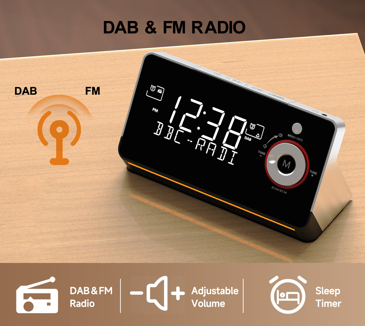 Alarm Clock with DAB & FM Radio,Dual Alarms, Snooze, Dimmable LCD Display, Night Light, Bluetooth, Headphone,Type-C and USB Charging Ports iTOMA 729