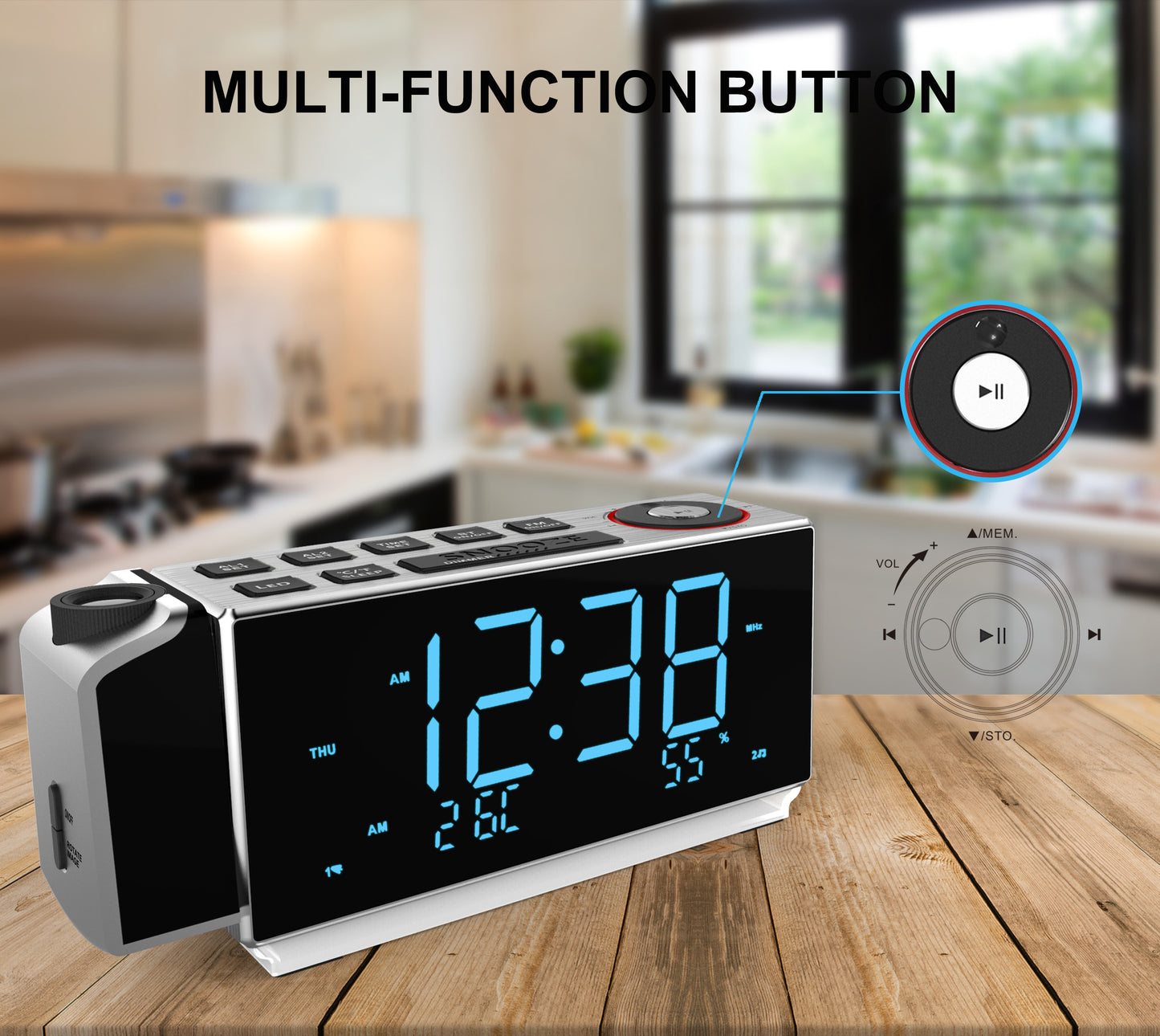 Digitaler Projektionswecker mit FM-Radio, USB-Aufladung, 1,8-Zoll-LED-Display, Nachtlicht, Doppelalarm, Schlummerfunktion, Dimmersteuerung, Radiowecker fürs Bett iTOMA 509