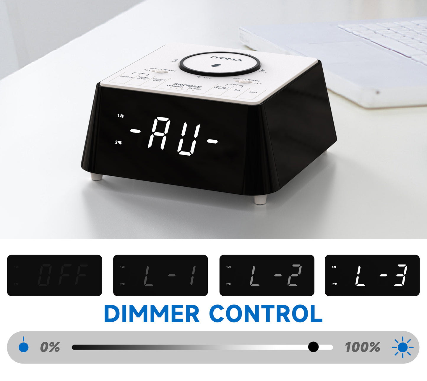 Kabelloser Radiowecker mit Bluetooth-Lautsprecher, FM-Radio, Doppelalarm mit Schlummerfunktion, USB-Aufladung, Nachtlicht und dimmbarem Display iTOMA 205