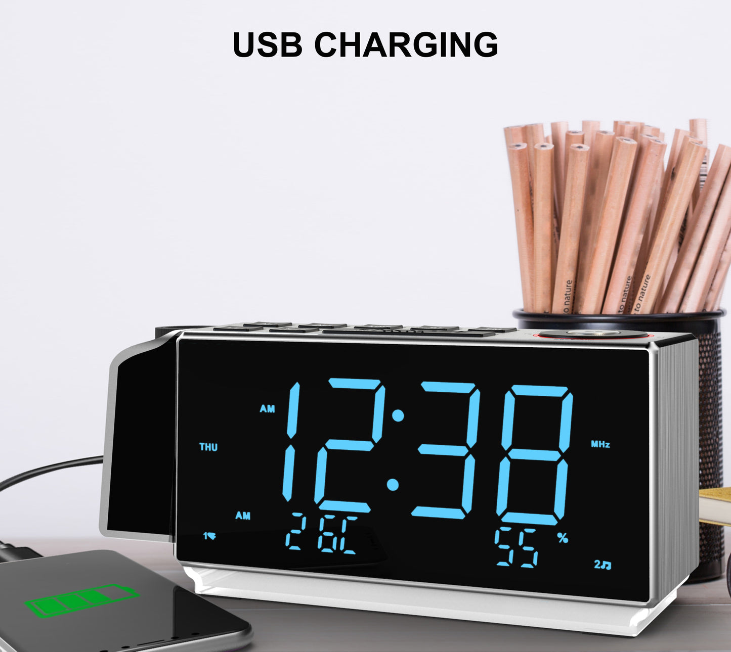 Digitaler Projektionswecker mit FM-Radio, USB-Aufladung, 1,8-Zoll-LED-Display, Nachtlicht, Doppelalarm, Schlummerfunktion, Dimmersteuerung, Radiowecker fürs Bett iTOMA 509