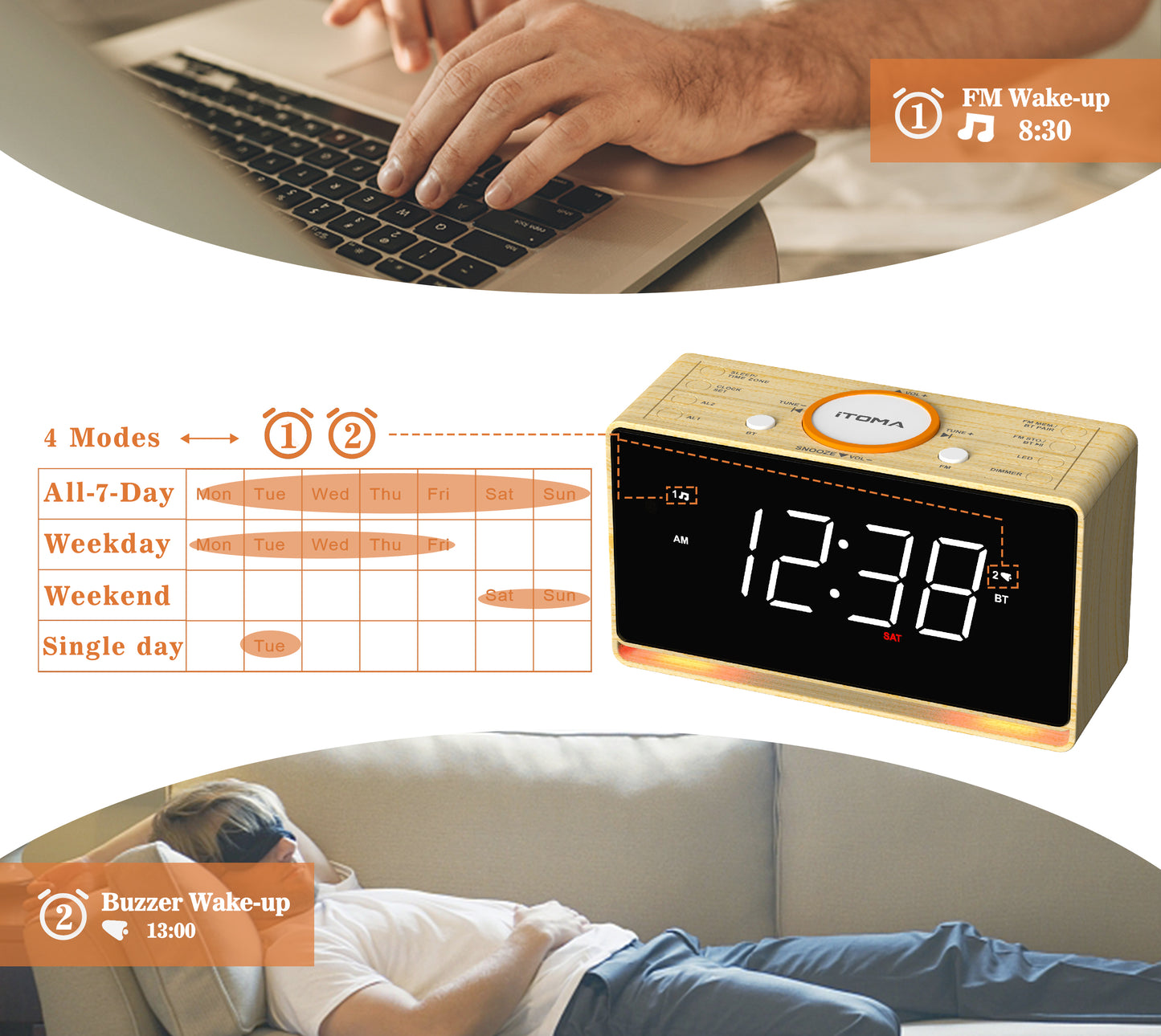 Radio despertador digital con pantalla LED blanca de 1,4" y Bluetooth, radio FM, alarma dual, temporizador de apagado automático, función de repetición, atenuador automático y manual, cargador USB y luz nocturna iTOMA 718
