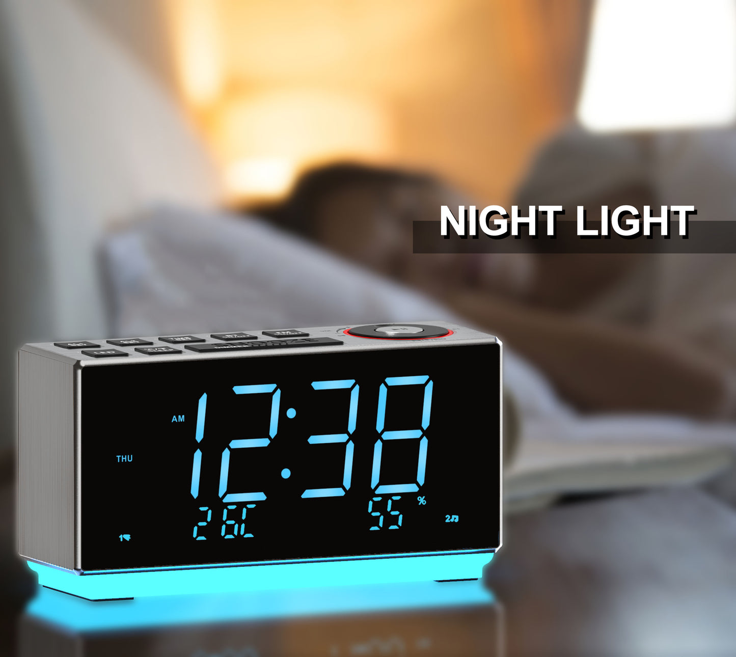 Dual Alarm Clock with FM Radio, USB Charging, 1.8'' LED Display, Night Light, Snooze, Dimmer Control, Bluetooth Speaker, Temperature & Humidity Display iTOMA 508