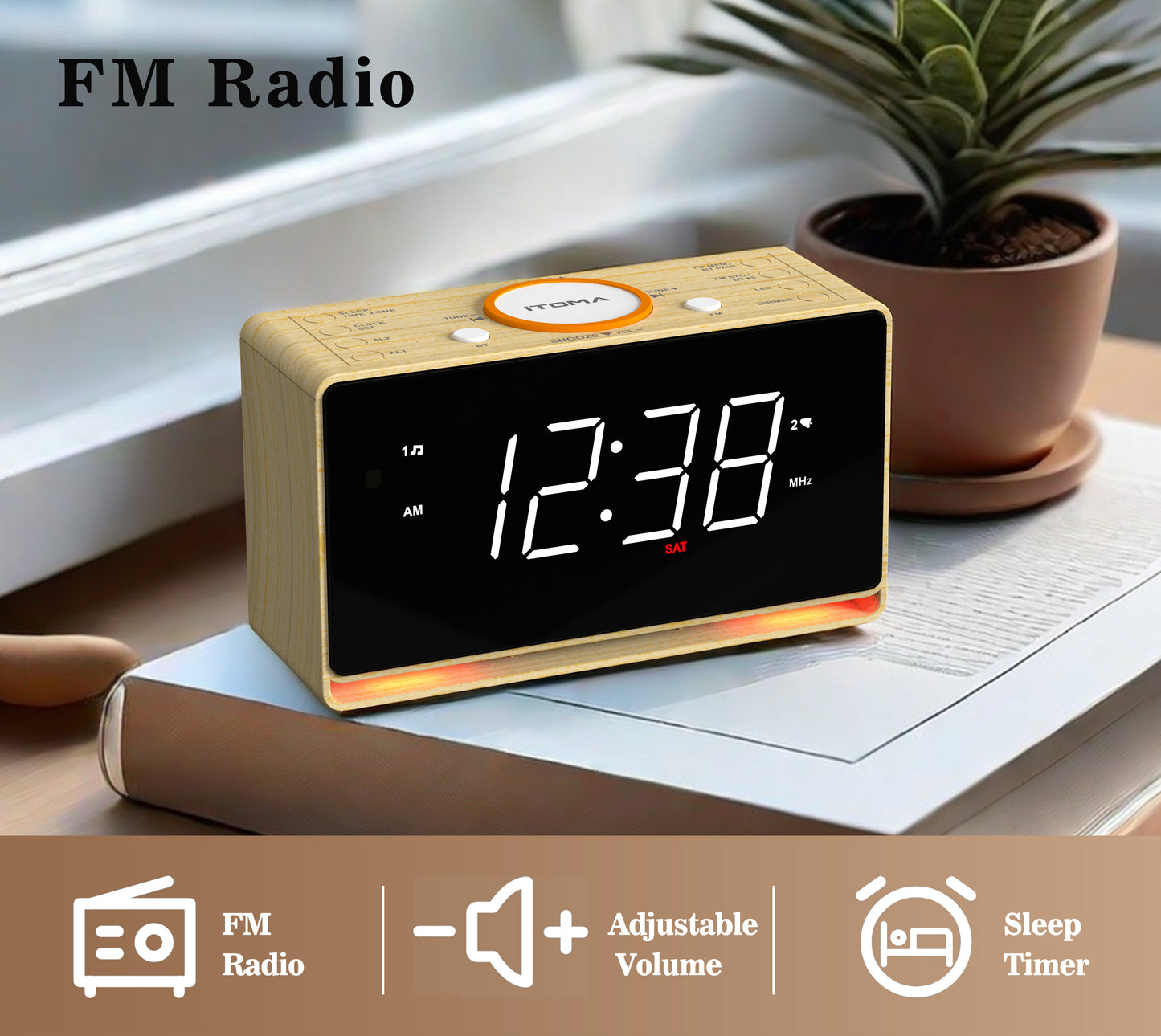 Radio despertador digital con pantalla LED blanca de 1,4" y Bluetooth, radio FM, alarma dual, temporizador de apagado automático, función de repetición, atenuador automático y manual, cargador USB y luz nocturna iTOMA 718