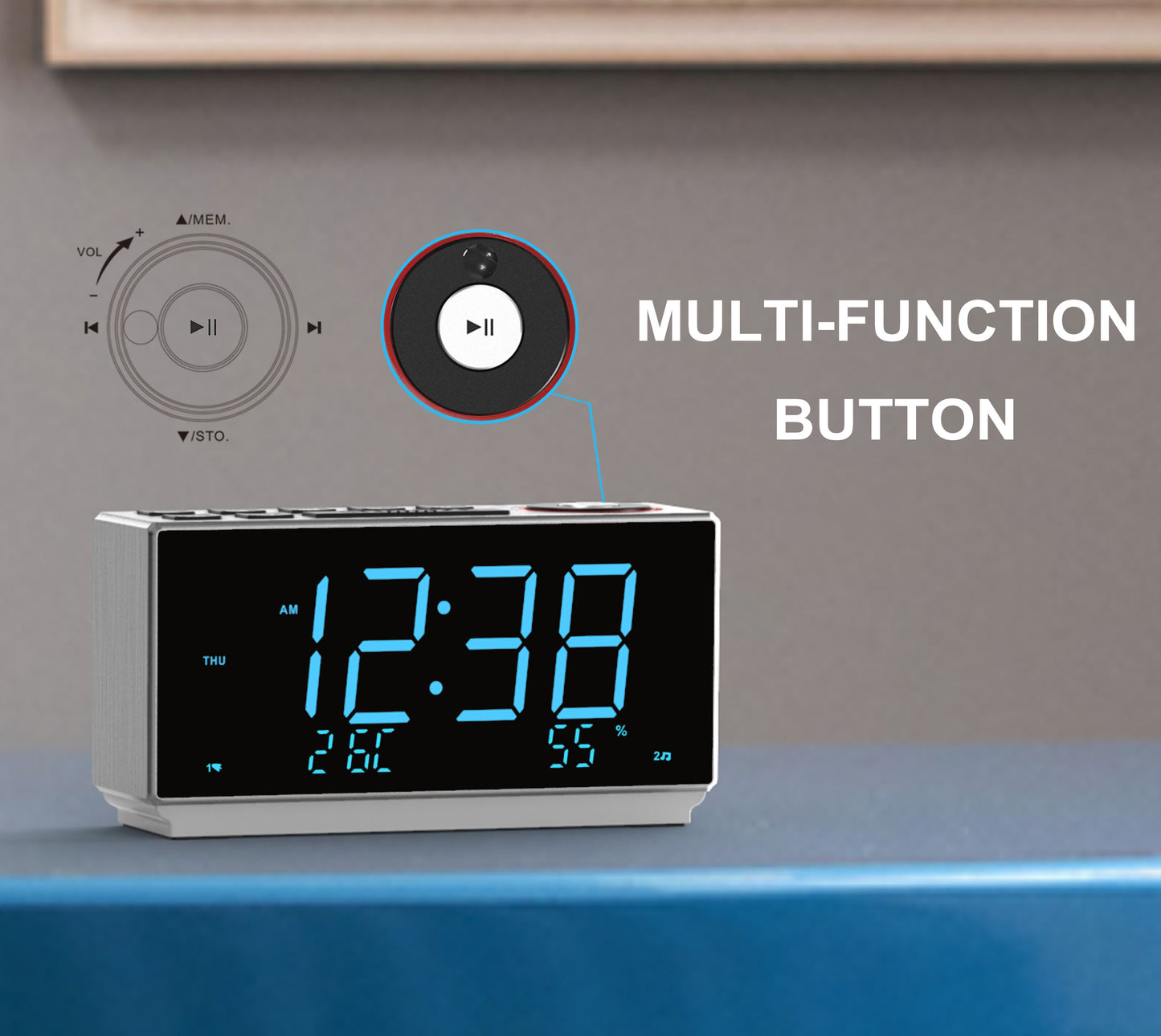 Dual Alarm Clock with FM Radio, USB Charging, 1.8'' LED Display, Night Light, Snooze, Dimmer Control, Bluetooth Speaker, Temperature & Humidity Display iTOMA 508