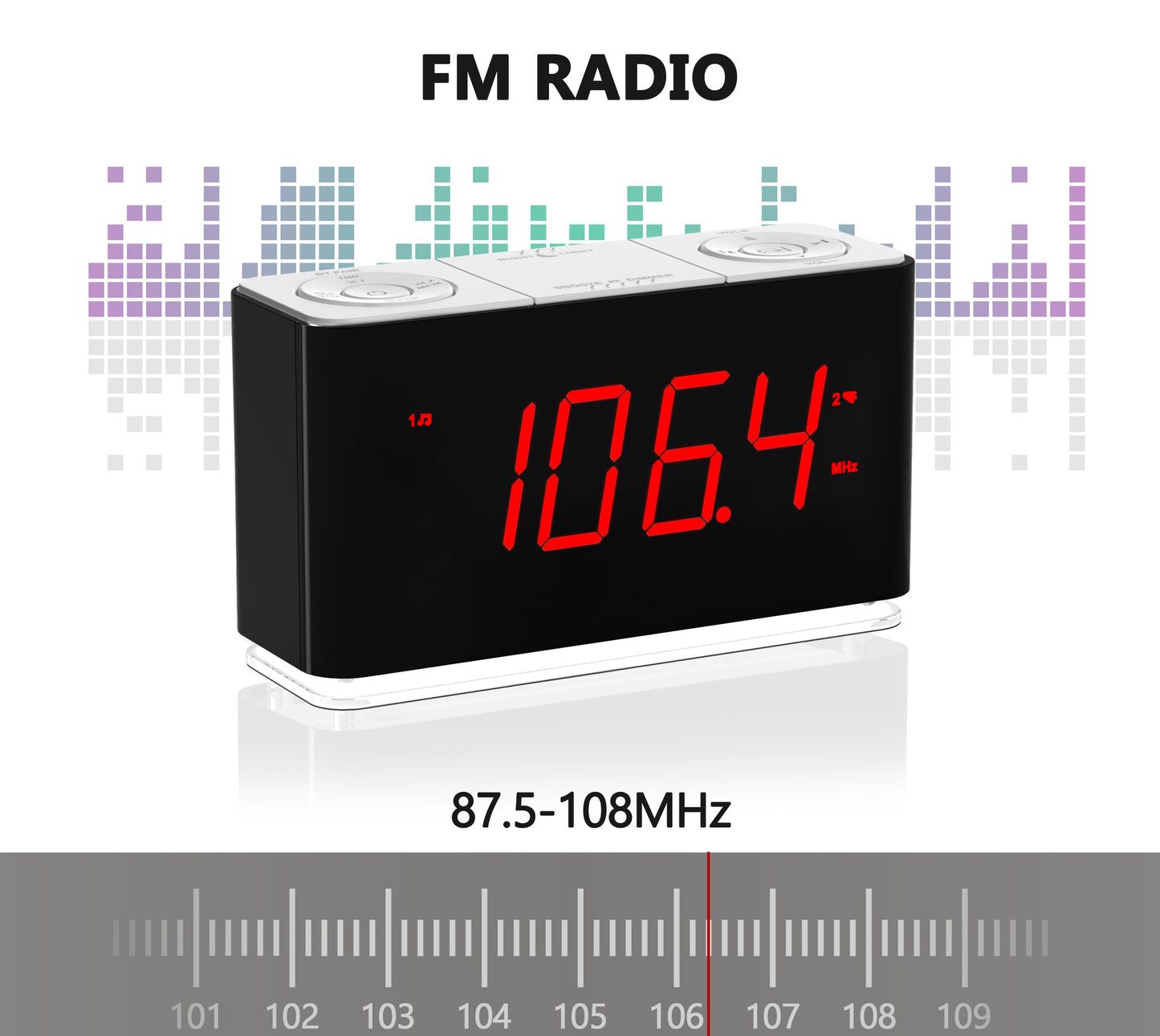 Digitaler iTOMA Radiowecker mit kabelloser Verbindung, Doppelalarm, dimmbares LED-Display, 16 Lautstärkestufen, UKW-Radio mit Sleep-Timer, Nachtlicht, Schlummerfunktion, 12/24-Stunden-iTOMA 507U