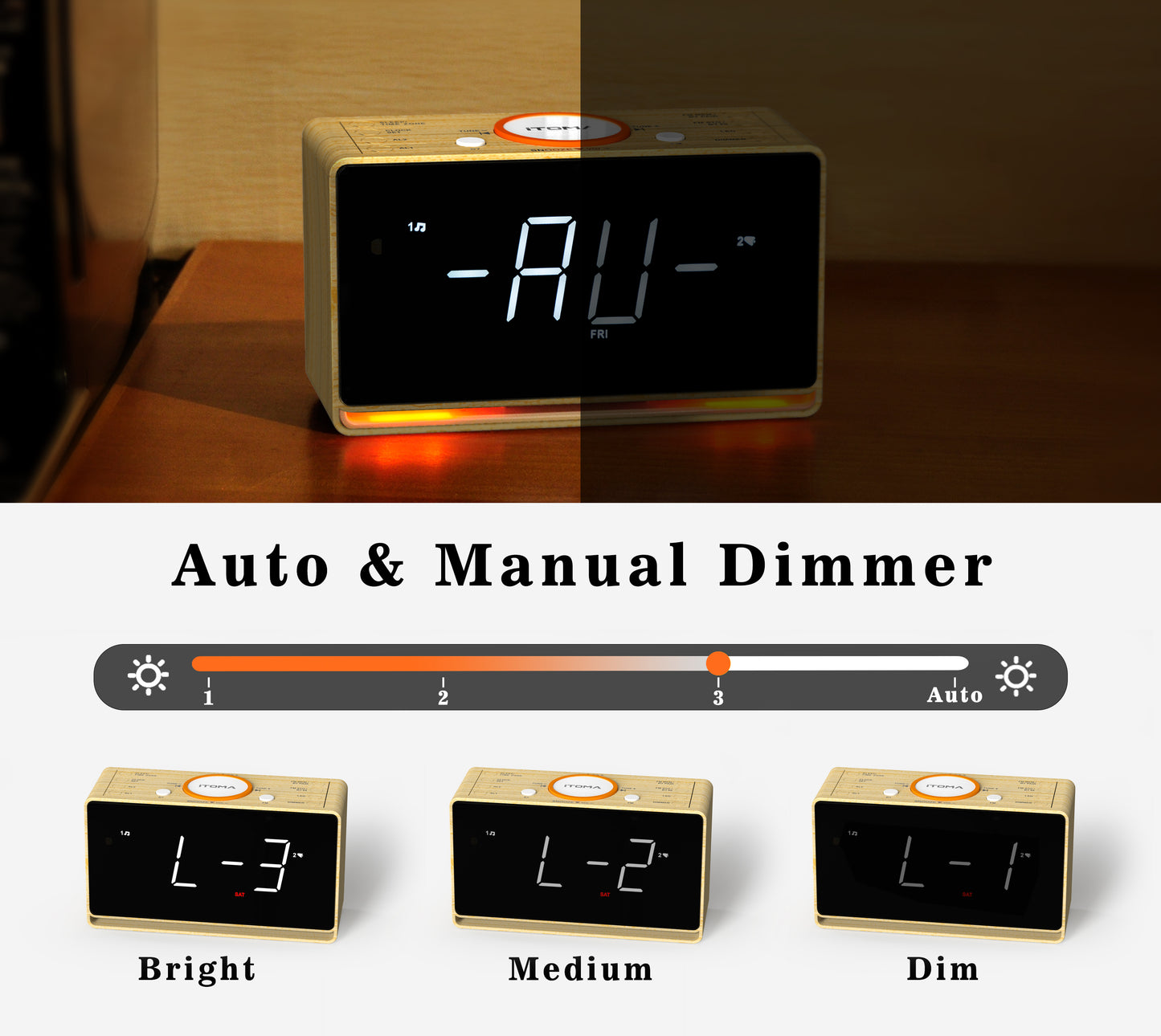 Radio despertador digital con pantalla LED blanca de 1,4" y Bluetooth, radio FM, alarma dual, temporizador de apagado automático, función de repetición, atenuador automático y manual, cargador USB y luz nocturna iTOMA 718