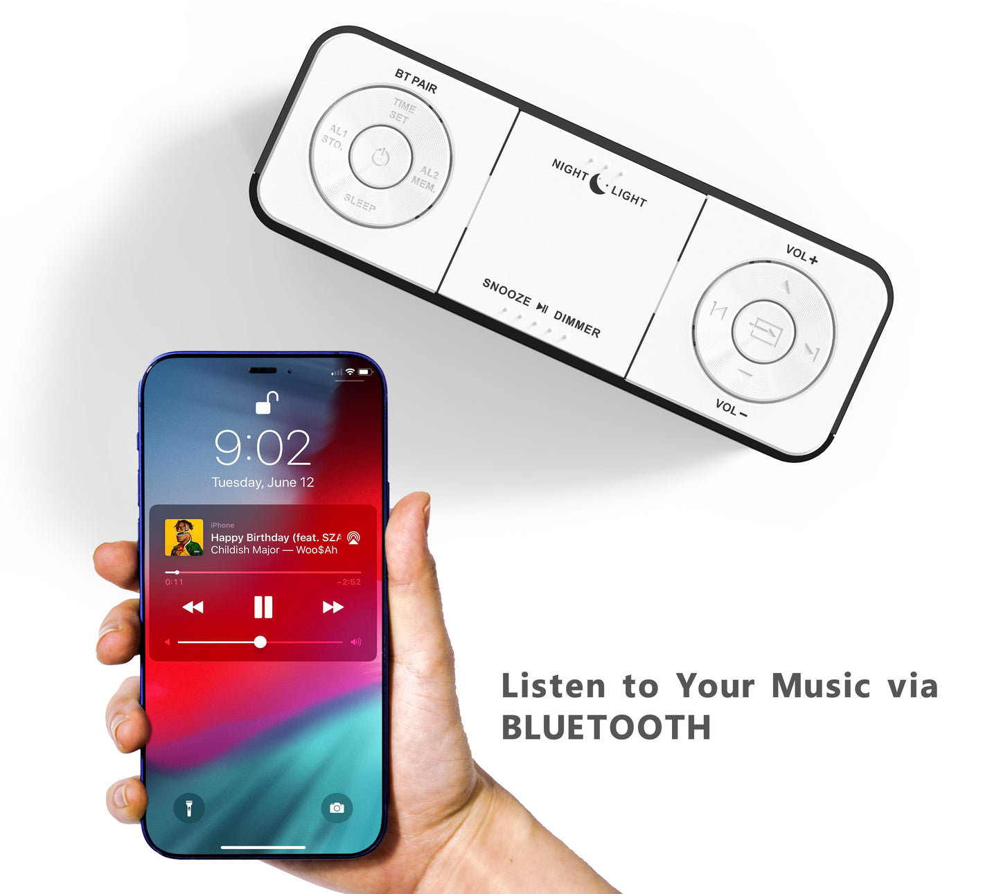 Digitaler iTOMA Radiowecker mit kabelloser Verbindung, Doppelalarm, dimmbares LED-Display, 16 Lautstärkestufen, UKW-Radio mit Sleep-Timer, Nachtlicht, Schlummerfunktion, 12/24-Stunden-iTOMA 507U