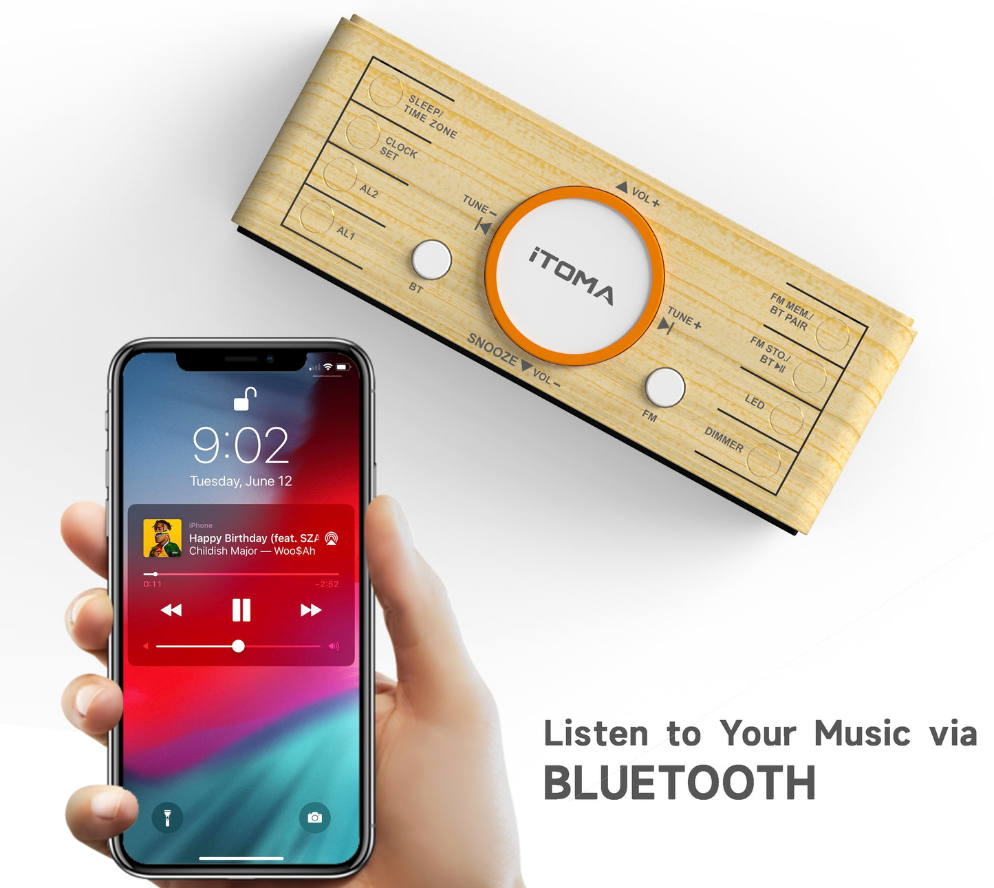 Radio despertador digital con pantalla LED blanca de 1,4" y Bluetooth, radio FM, alarma dual, temporizador de apagado automático, función de repetición, atenuador automático y manual, cargador USB y luz nocturna iTOMA 718