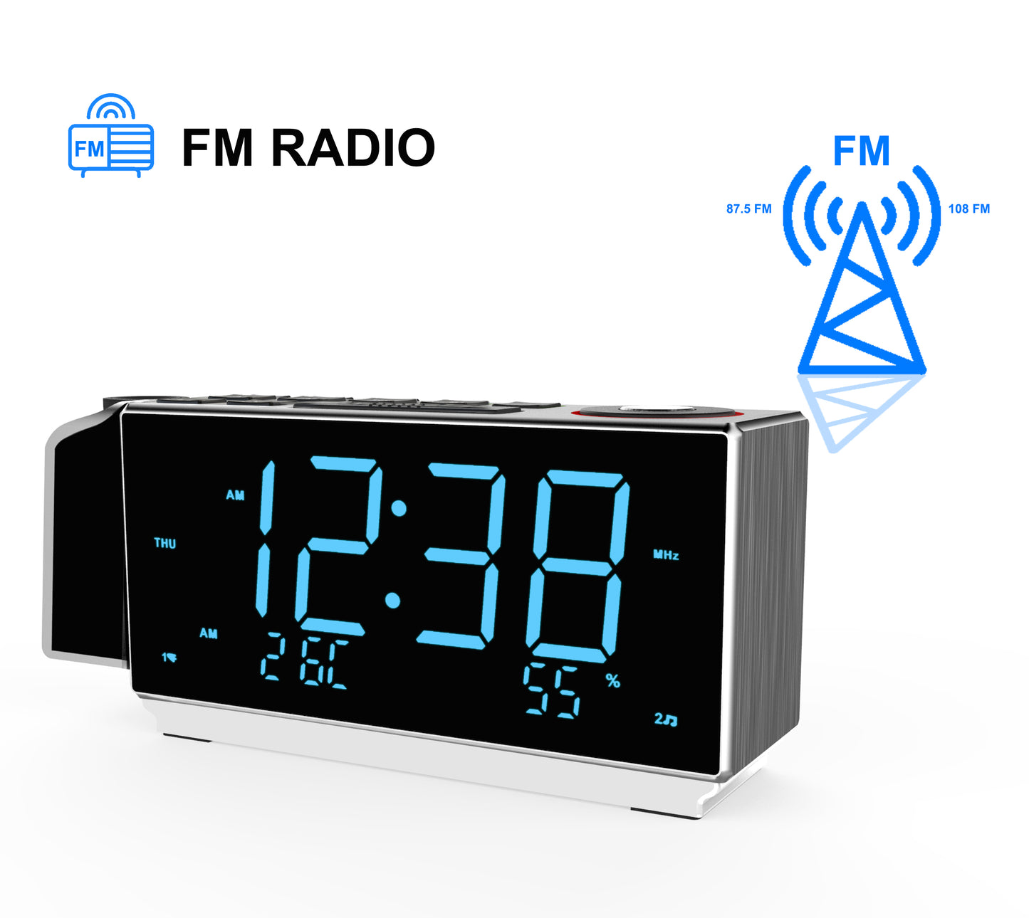 Digitaler Projektionswecker mit FM-Radio, USB-Aufladung, 1,8-Zoll-LED-Display, Nachtlicht, Doppelalarm, Schlummerfunktion, Dimmersteuerung, Radiowecker fürs Bett iTOMA 509