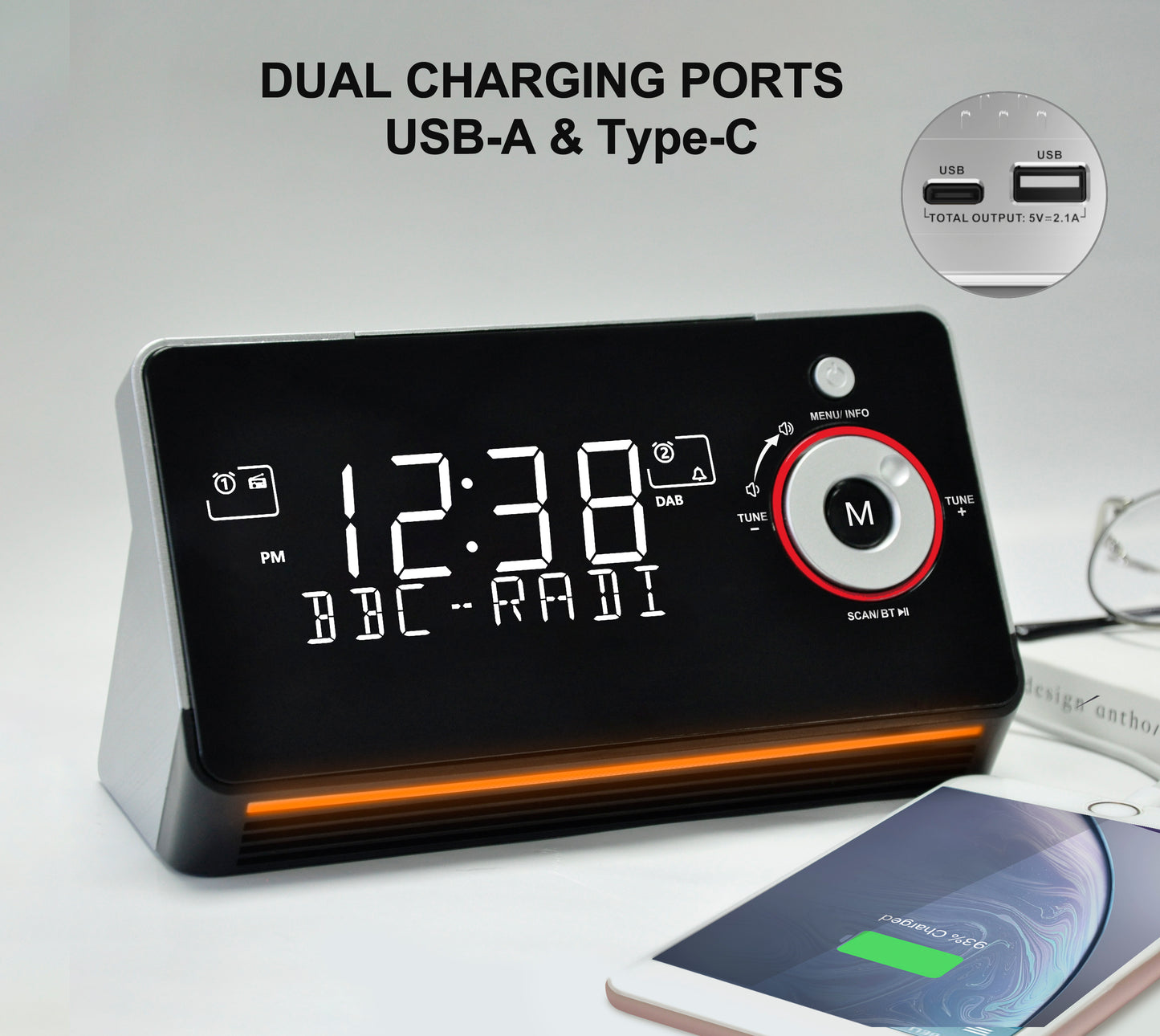 Alarm Clock with DAB & FM Radio,Dual Alarms, Snooze, Dimmable LCD Display, Night Light, Bluetooth, Headphone,Type-C and USB Charging Ports iTOMA 729