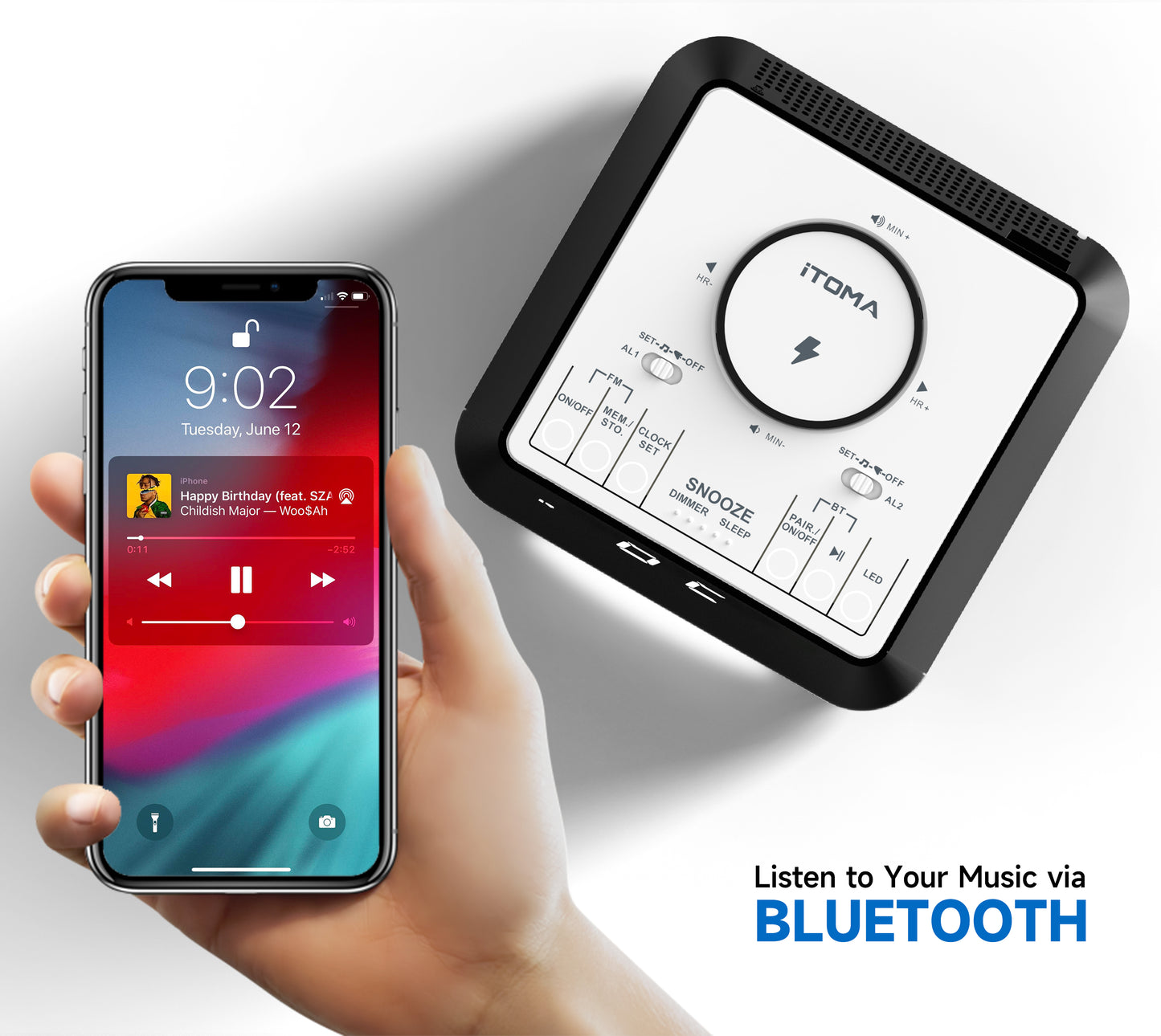 Kabelloser Radiowecker mit Bluetooth-Lautsprecher, FM-Radio, Doppelalarm mit Schlummerfunktion, USB-Aufladung, Nachtlicht und dimmbarem Display iTOMA 205