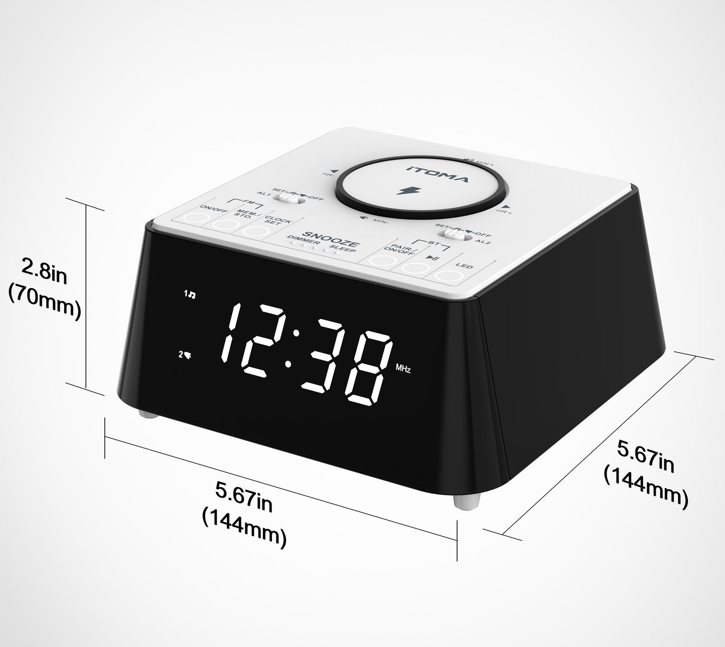 Kabelloser Radiowecker mit Bluetooth-Lautsprecher, FM-Radio, Doppelalarm mit Schlummerfunktion, USB-Aufladung, Nachtlicht und dimmbarem Display iTOMA 205