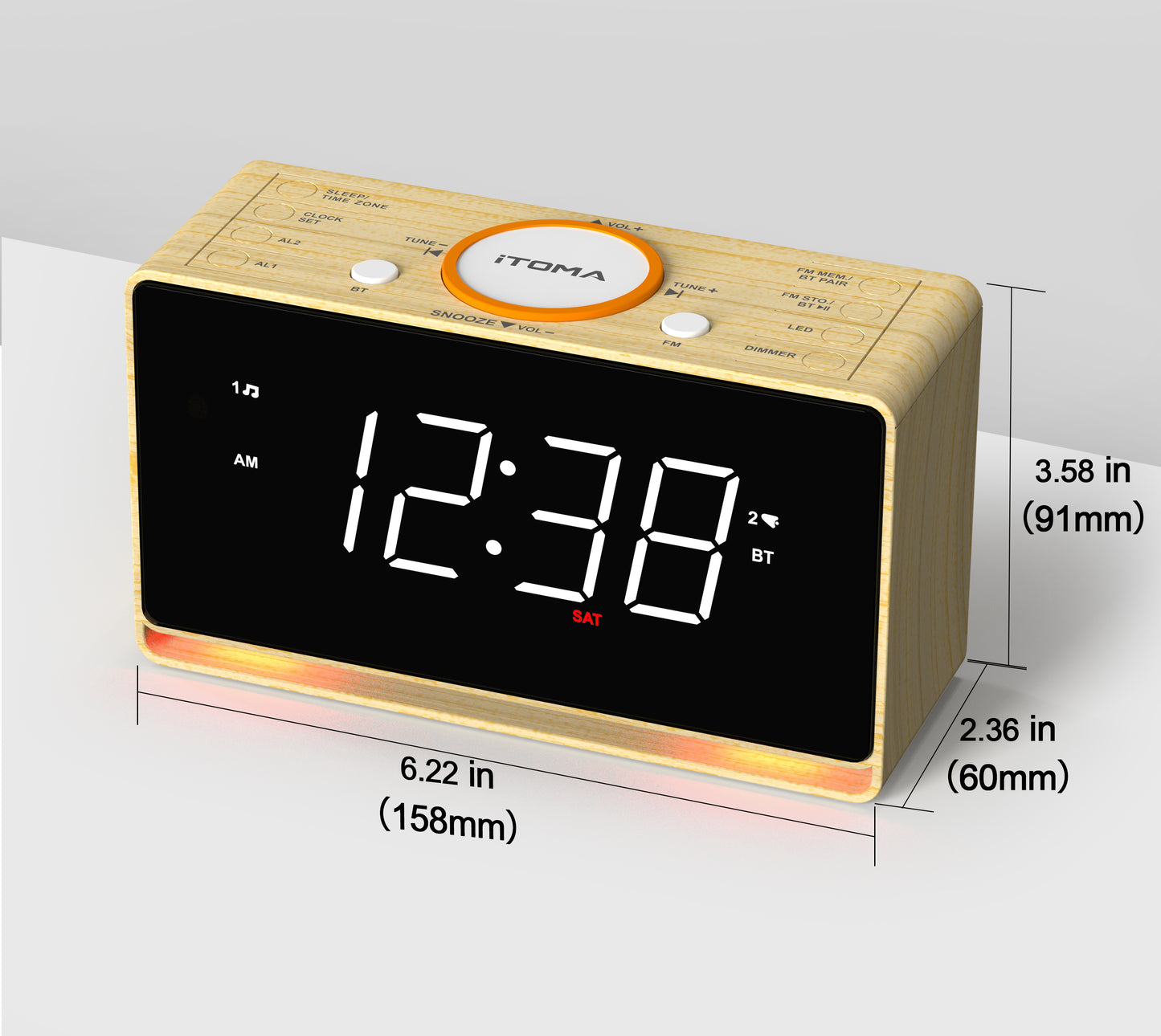 Radio despertador digital con pantalla LED blanca de 1,4" y Bluetooth, radio FM, alarma dual, temporizador de apagado automático, función de repetición, atenuador automático y manual, cargador USB y luz nocturna iTOMA 718