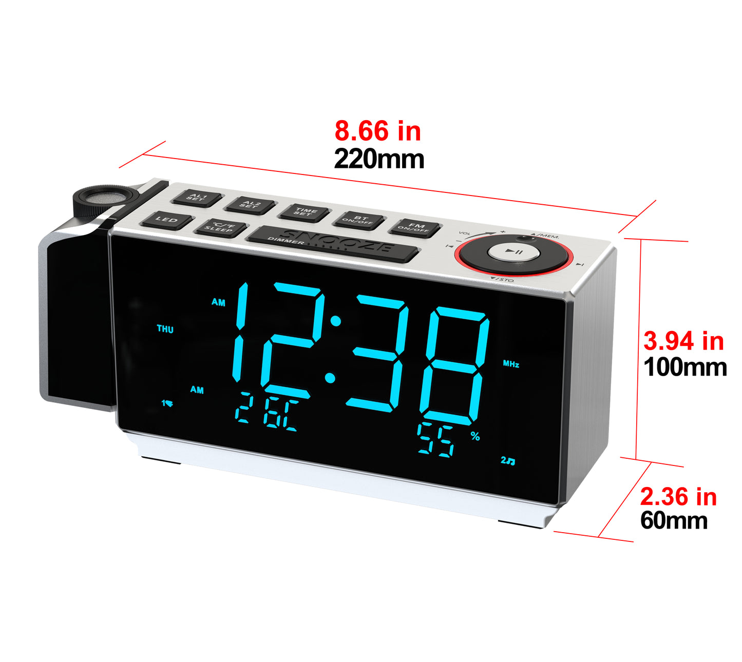 Digitaler Projektionswecker mit FM-Radio, USB-Aufladung, 1,8-Zoll-LED-Display, Nachtlicht, Doppelalarm, Schlummerfunktion, Dimmersteuerung, Radiowecker fürs Bett iTOMA 509