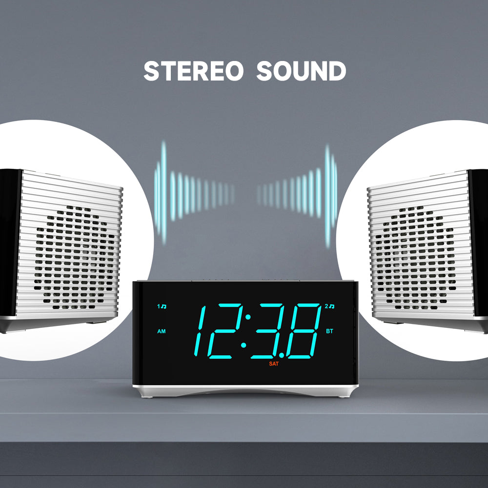 Radio despertador digital con altavoces estéreo Bluetooth, radio FM, alarma dual, función de repetición, regulador de brillo, carga USB, ideal para dormitorio y oficina iTOMA 3501S
