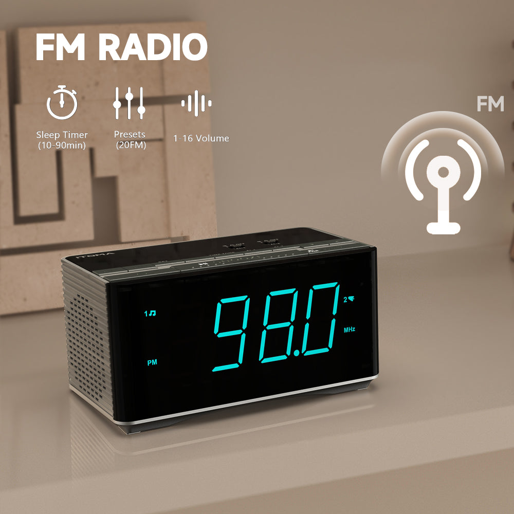 Radio despertador digital con altavoces estéreo Bluetooth, radio FM, alarma dual, función de repetición, regulador de brillo, carga USB, ideal para dormitorio y oficina iTOMA 3501S