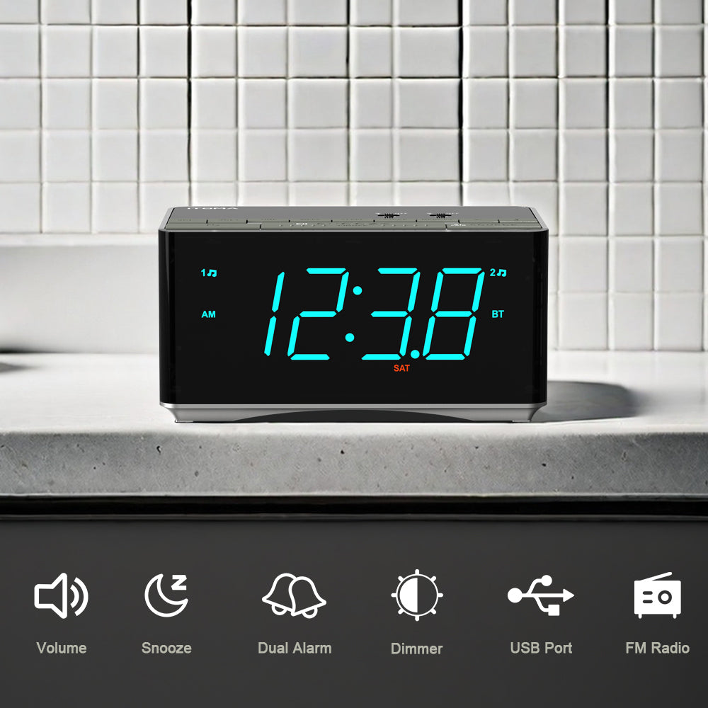 Radio despertador digital con altavoces estéreo Bluetooth, radio FM, alarma dual, función de repetición, regulador de brillo, carga USB, ideal para dormitorio y oficina iTOMA 3501S