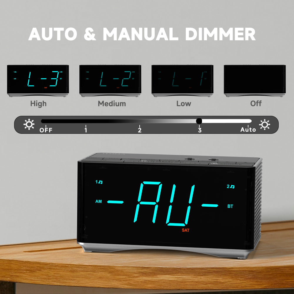 Radio despertador digital con altavoces estéreo Bluetooth, radio FM, alarma dual, función de repetición, regulador de brillo, carga USB, ideal para dormitorio y oficina iTOMA 3501S