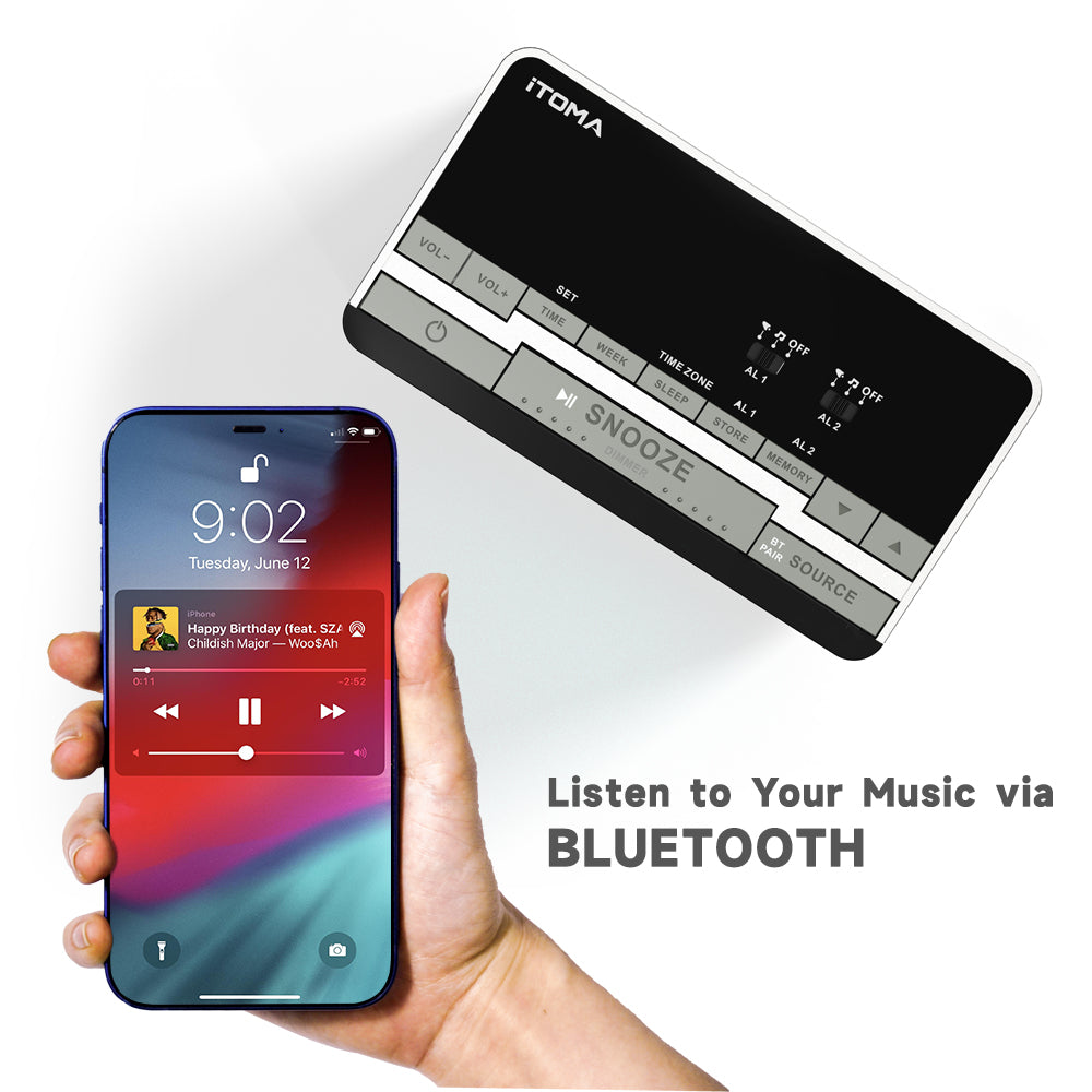 Radio despertador digital con altavoces estéreo Bluetooth, radio FM, alarma dual, función de repetición, regulador de brillo, carga USB, ideal para dormitorio y oficina iTOMA 3501S