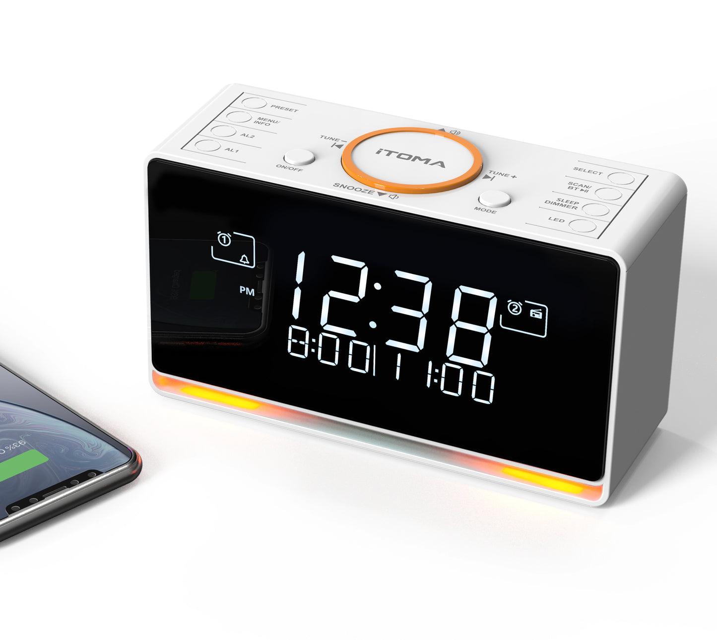 Wecker mit DAB- und UKW-Radio, 40 Voreinstellungen, kabellose Verbindung, Doppelalarm, Sleep-Timer, Dimmersteuerung, USB-Ladegerät und Kopfhöreranschluss iTOMA 728