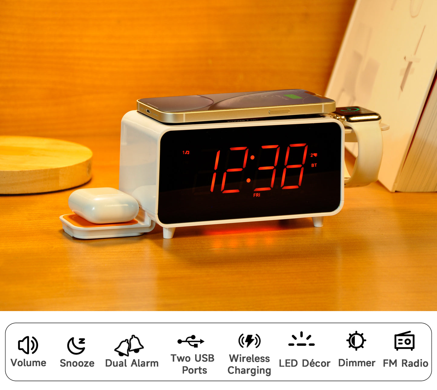 Bedside App Control Dual Wireless Charging Alarm Clock Radio with Bluetooth Speaker, FM Radio, Two USB Port, Dual Alarm, Snooze, Night Light, Auto & Manual Dimmer Control and 1.4" Orange Display iTOMA 209A-EU