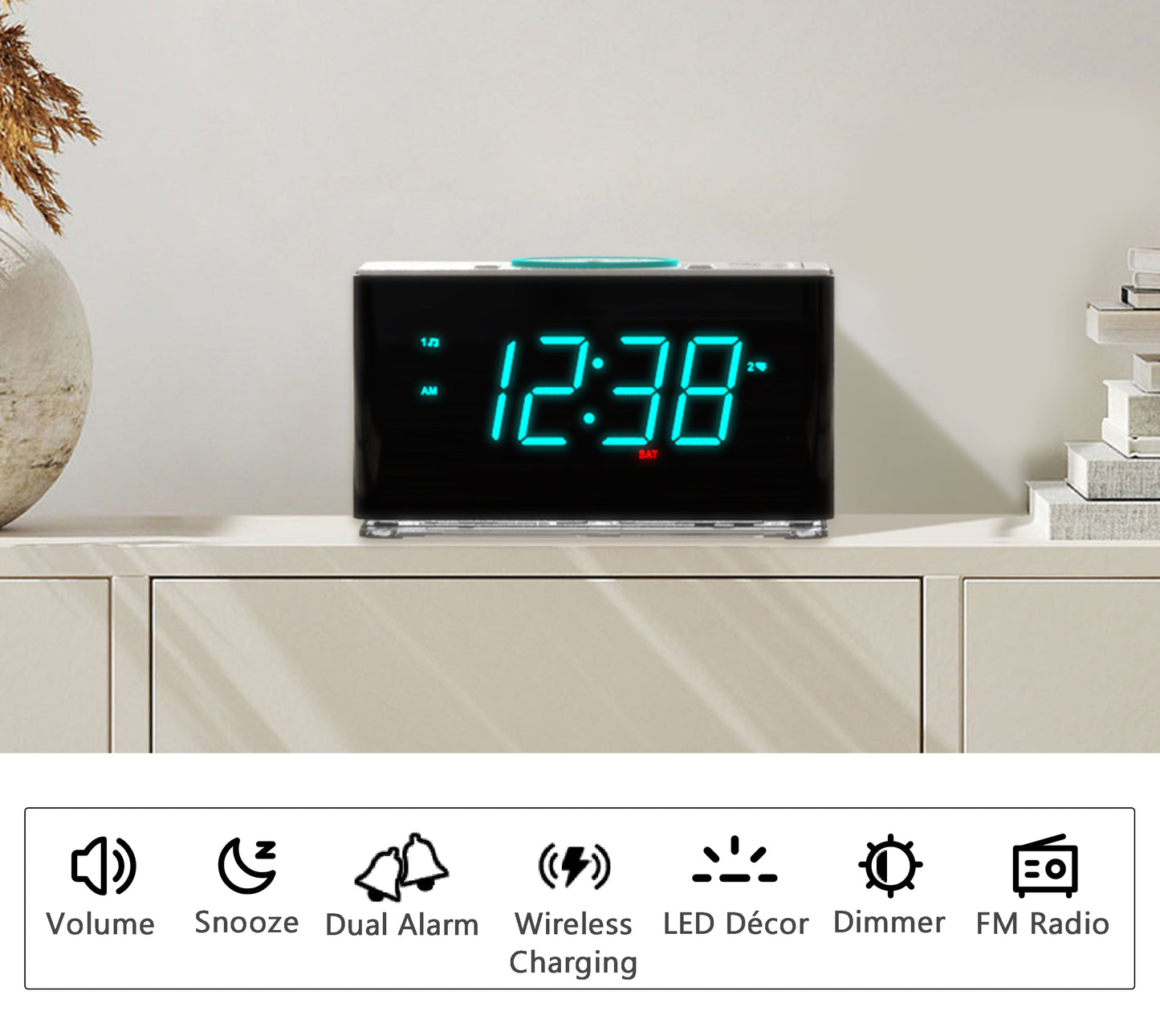 Bedside Alarm Clock Radio, 15 W Ultra Fast Wireless Phone Charger with wireless conncetion, USB Charging Port, Dual Alarm, Sleep Timer, Snooze, Dimmer, FM Radio,Cyan LED Night Light &1.4" Display iTOMA 207S