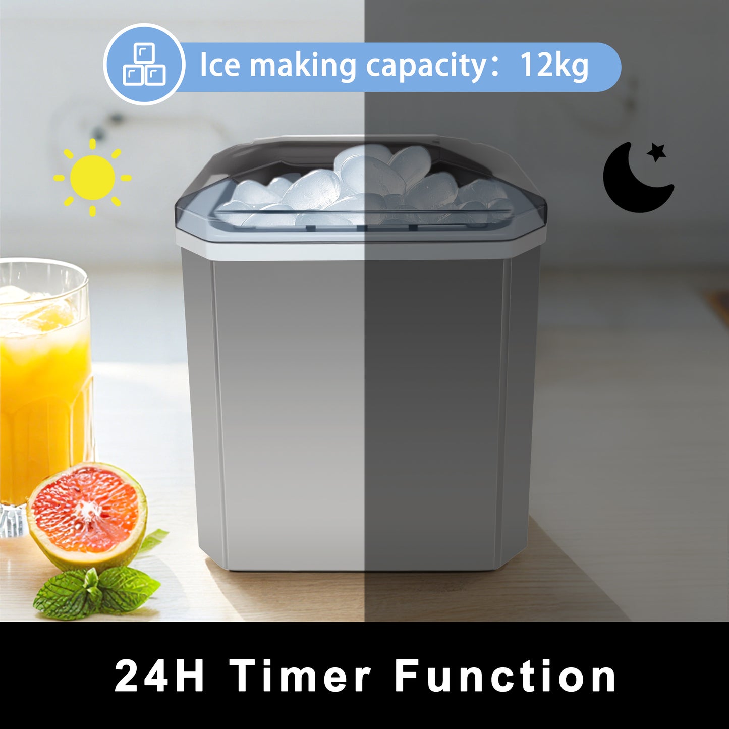 Fully-automated Ice Maker Machine - 12kg/24Hrs, Self-Cleaning, 2 Ice Sizes (S/L), Fast 6-Min Cycle, with Infrared Sensor for Home/Office/Commercial Use