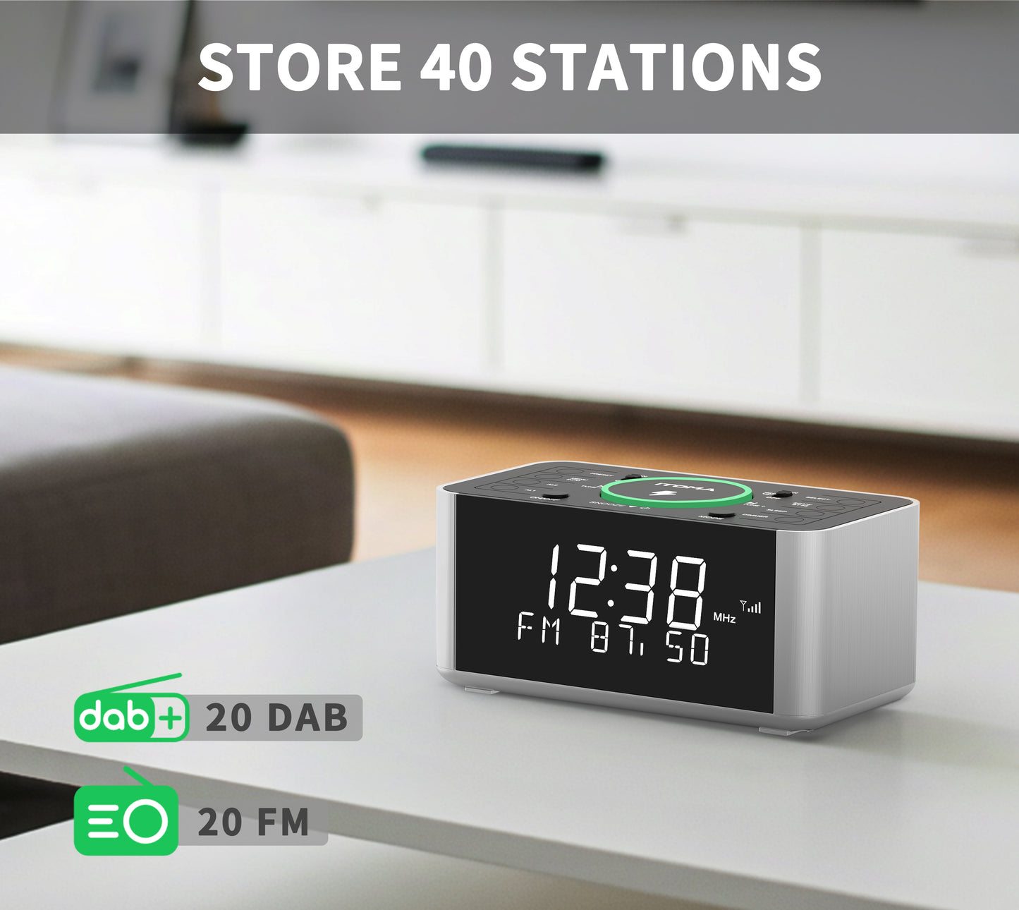 Alarm Clock with DAB & FM Radio Wireless Charging, 40 Preset Stations, Dual Alarms, Snooze, Dimmable LCD Display, Bluetooth, USB Charging and Earphone Jack, Bedside Alarm Radio iTOMA 206D