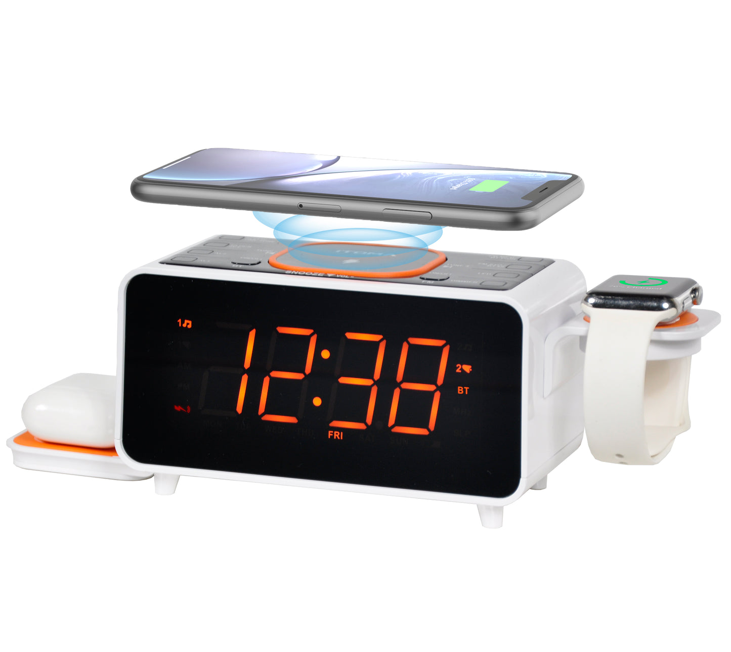 Bedside App Control Dual Wireless Charging Alarm Clock Radio with Bluetooth Speaker, FM Radio, Two USB Port, Dual Alarm, Snooze, Night Light, Auto & Manual Dimmer Control and 1.4" Orange Display iTOMA 209A-EU