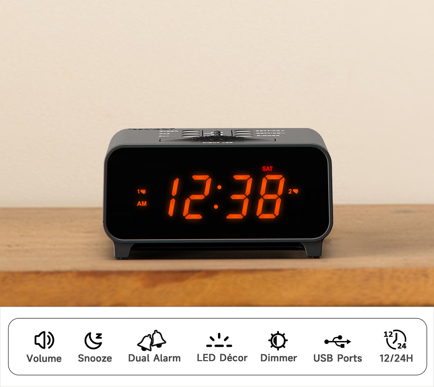 iTOMA 213-EU Small Alarm Clocks, Dual Alarms with 4 Alarm Week Modes, Snooze, USB Charger, Auto & Manual Dimmer,12/24Hr,Night Light and Orange LED Display Clock for Bedrooms