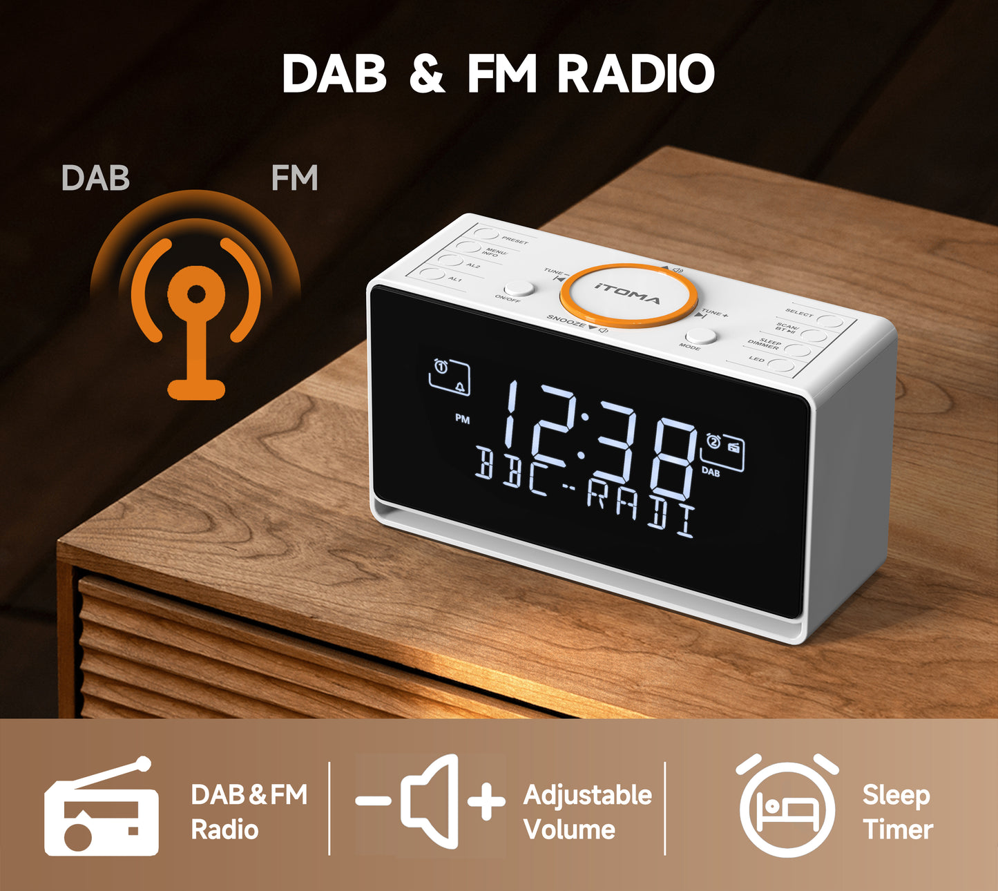 Wecker mit DAB- und UKW-Radio, 40 Voreinstellungen, kabellose Verbindung, Doppelalarm, Sleep-Timer, Dimmersteuerung, USB-Ladegerät und Kopfhöreranschluss iTOMA 728
