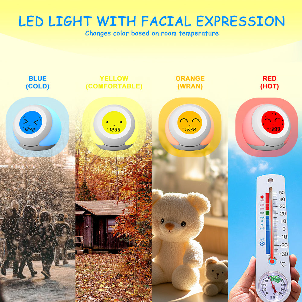 Termómetro e higrómetro para habitación infantil con adorables expresiones faciales, luz de colores a elegir, regulador de intensidad de 4 niveles, monitor de temperatura interior, pantalla LCD con hora infantil, medidor de temperatura y humedad iTOMA 915