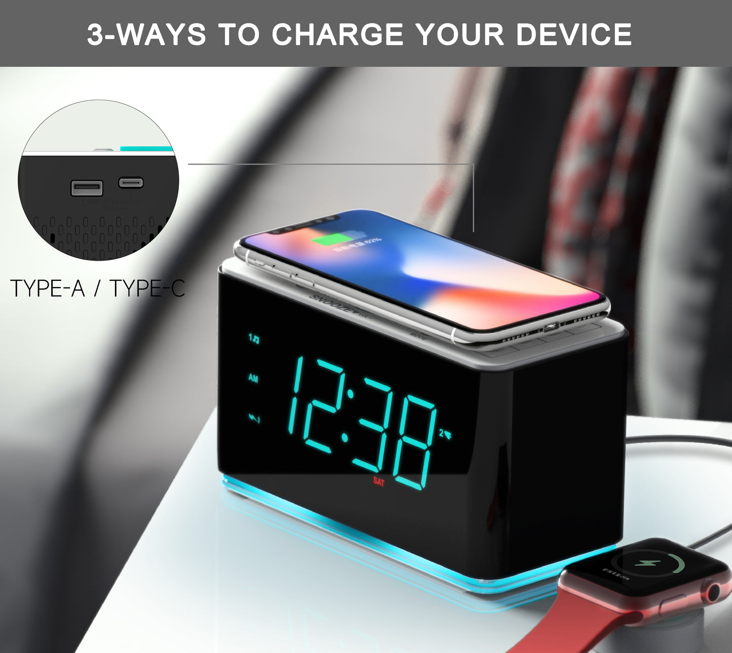 Bedside Alarm Clock Radio, 15 W Ultra Fast Wireless Phone Charger with wireless conncetion, USB Charging Port, Dual Alarm, Sleep Timer, Snooze, Dimmer, FM Radio,Cyan LED Night Light &1.4" Display iTOMA 207S