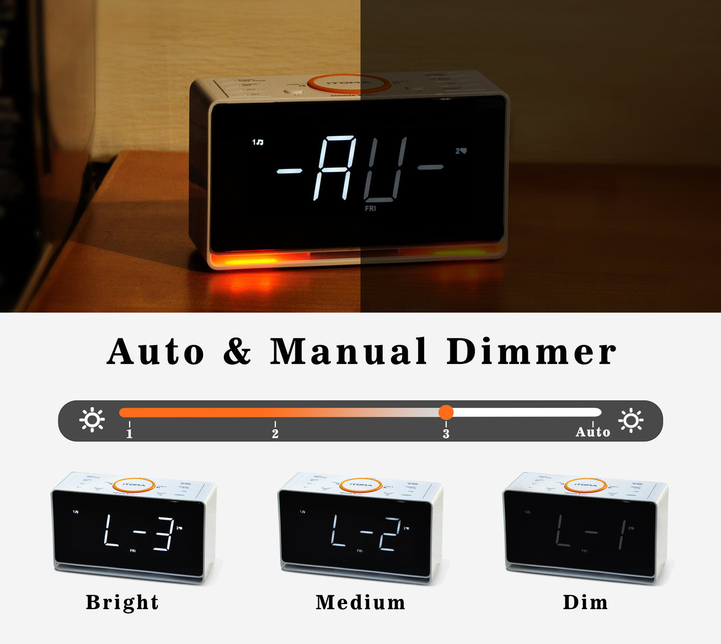 Radio despertador digital con pantalla LED blanca de 1,4" y Bluetooth, radio FM, alarma dual, temporizador de apagado automático, función de repetición, atenuador automático y manual, cargador USB y luz nocturna iTOMA 718