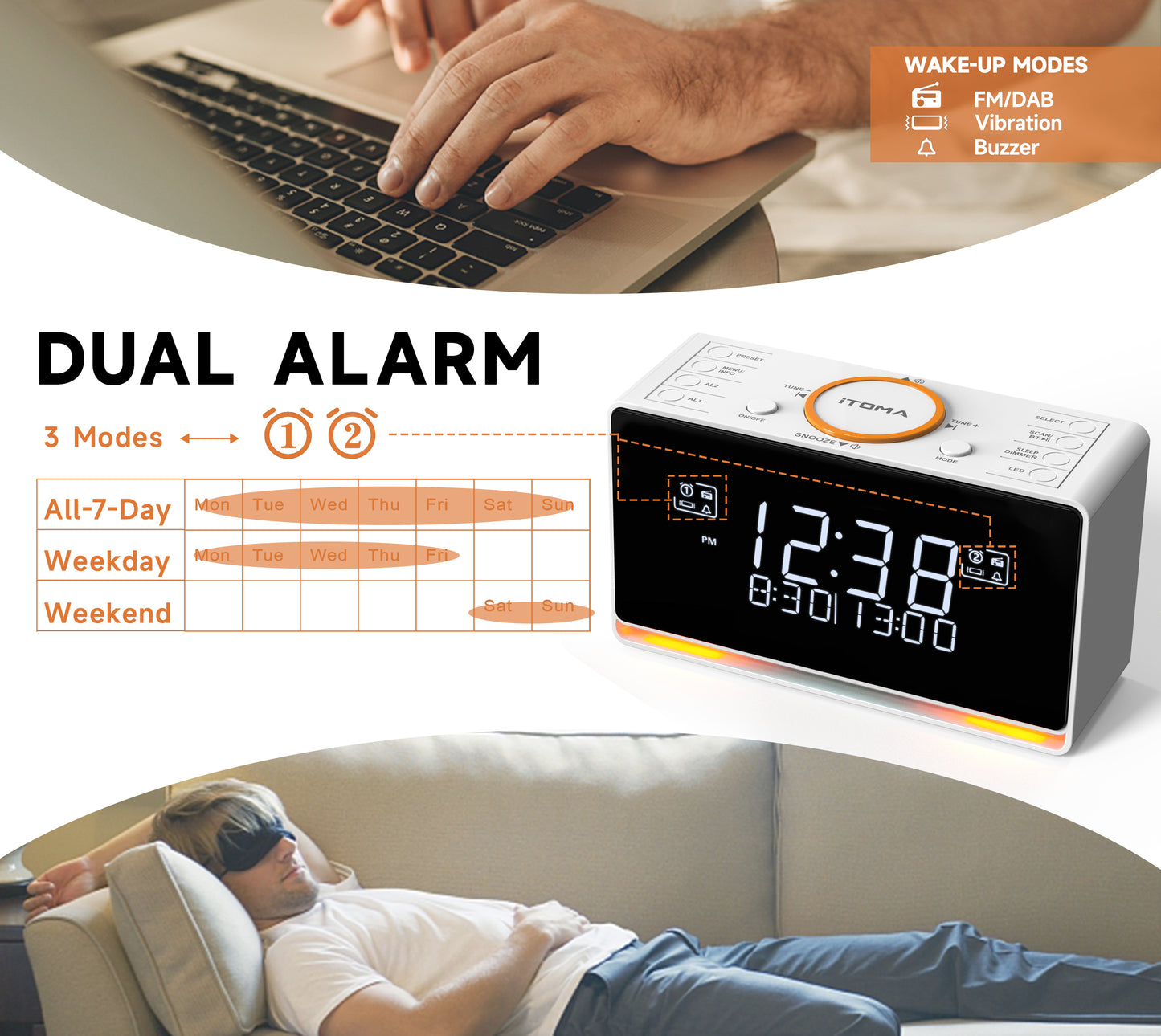 Wecker mit DAB- und UKW-Radio, 40 Voreinstellungen, kabellose Verbindung, Doppelalarm, Sleep-Timer, Dimmersteuerung, USB-Ladegerät und Kopfhöreranschluss iTOMA 728