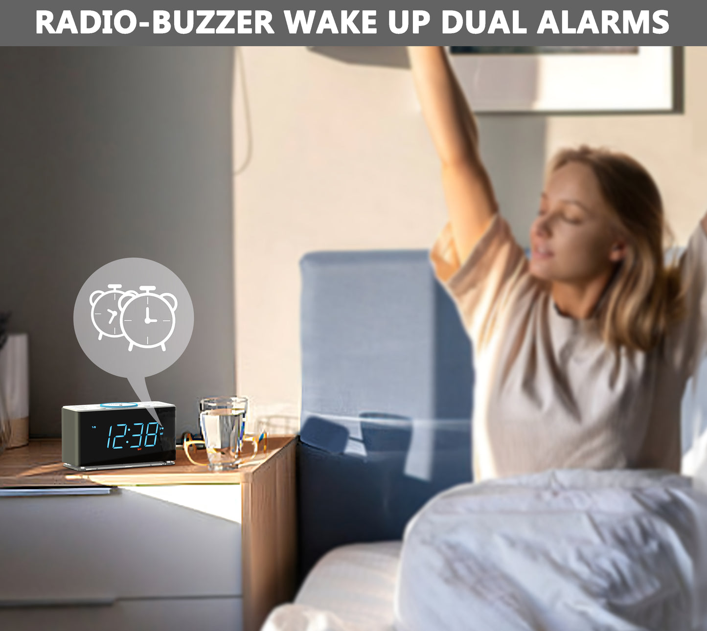 Creative APP Control, Alarm Clock Radio with 15W Wireless Charger, FM Radio, Bluetooth, Two Charging Ports, Dual Alarm, Sleep Timer, Snooze, Auto-Manual Dimmer, Night Light &1.4" Ice Blue LED Display Clock Radio for Bedroom iTOMA 207A-EU