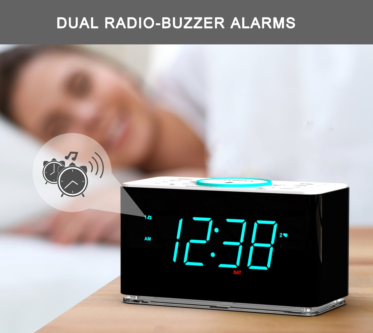 Bedside Alarm Clock Radio, 15 W Ultra Fast Wireless Phone Charger with wireless conncetion, USB Charging Port, Dual Alarm, Sleep Timer, Snooze, Dimmer, FM Radio,Cyan LED Night Light &1.4" Display iTOMA 207S