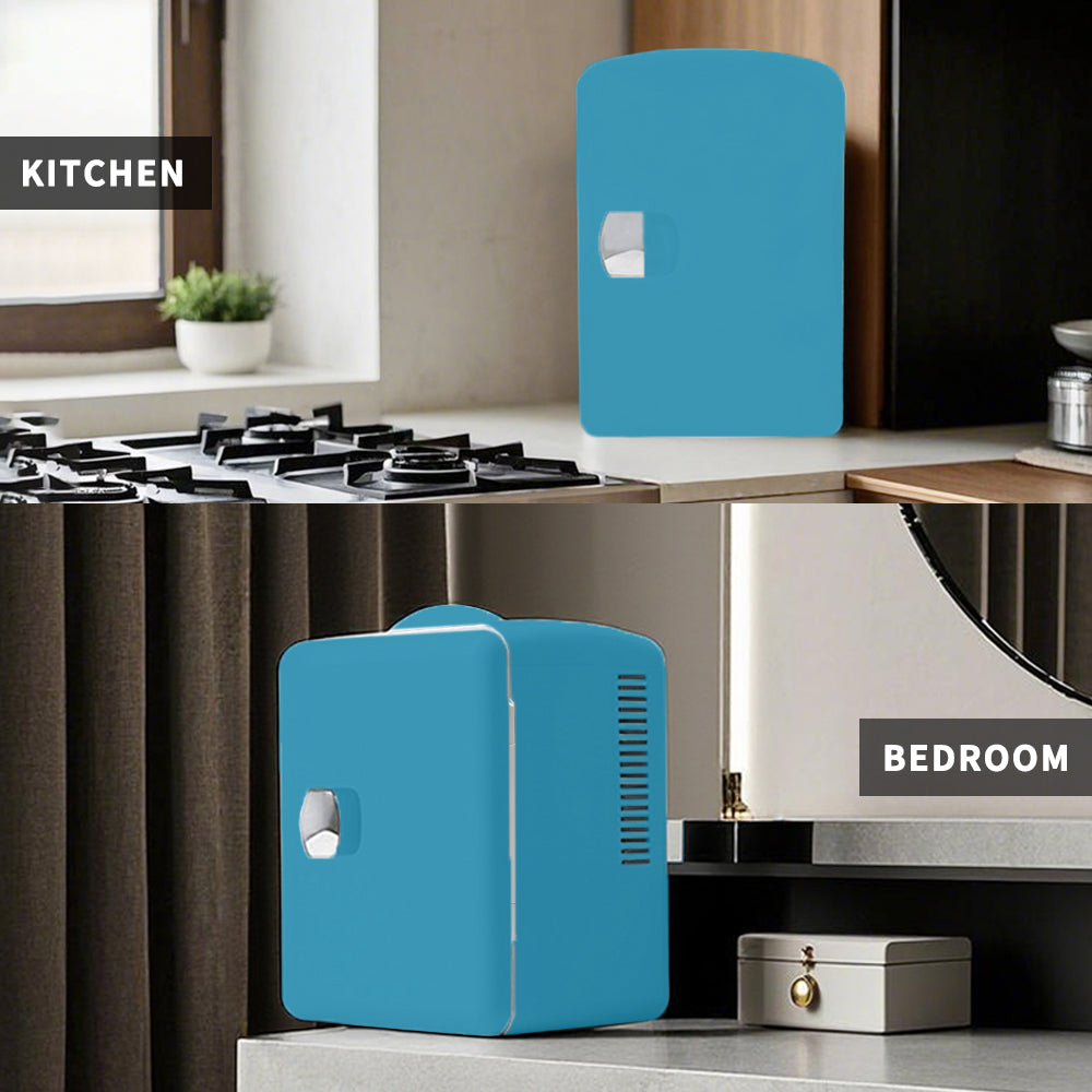 Mini refrigerador portátil K4207 cian de 4 litros (6 latas), ideal para el cuidado de la piel, cosméticos, bebidas y alimentos. 100 % libre de freón, ecológico, ideal para dormitorio, oficina, coche y residencia universitaria.