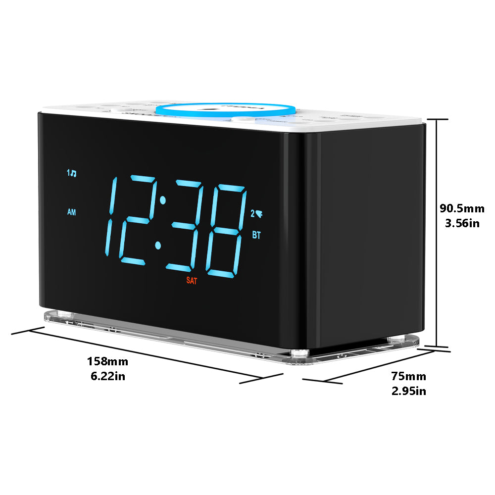 Creative APP Control, Alarm Clock Radio with 15W Wireless Charger, FM Radio, Bluetooth, Two Charging Ports, Dual Alarm, Sleep Timer, Snooze, Auto-Manual Dimmer, Night Light &1.4" Ice Blue LED Display Clock Radio for Bedroom iTOMA 207A-EU