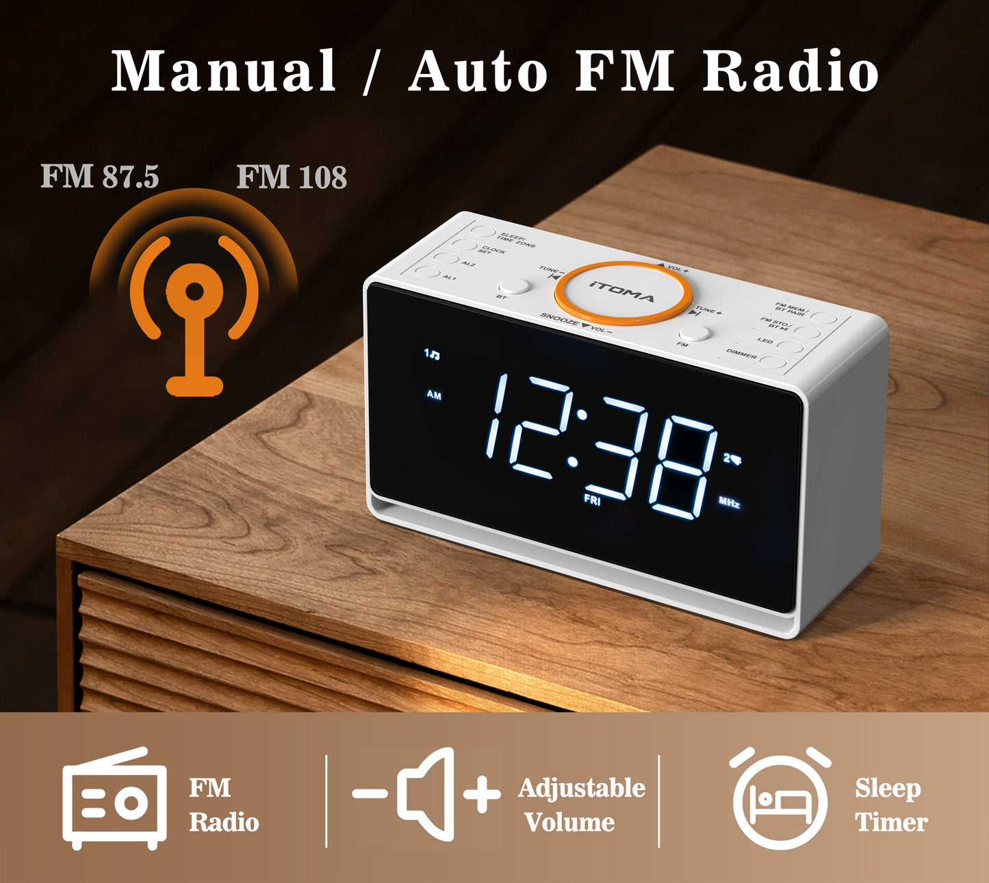 Radio despertador digital con pantalla LED blanca de 1,4" y Bluetooth, radio FM, alarma dual, temporizador de apagado automático, función de repetición, atenuador automático y manual, cargador USB y luz nocturna iTOMA 718