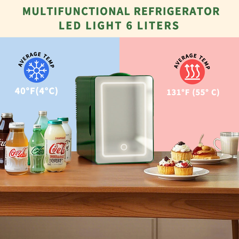 Mini Skincare Fridge with LED Mirror 6L K6104, 6Liter/6 Cans Cooler and Warmer for Makeup, Cosmetic, Beauty, Food, Medicine Portable Small Refrigerator 100% Freon-Free Eco Friendly for Bedroom, Nursery, Office, Camp and Car