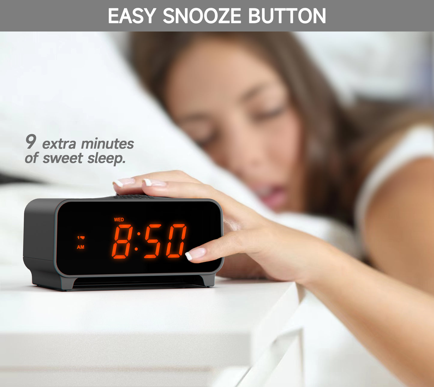 iTOMA 213-EU Small Alarm Clocks, Dual Alarms with 4 Alarm Week Modes, Snooze, USB Charger, Auto & Manual Dimmer,12/24Hr,Night Light and Orange LED Display Clock for Bedrooms