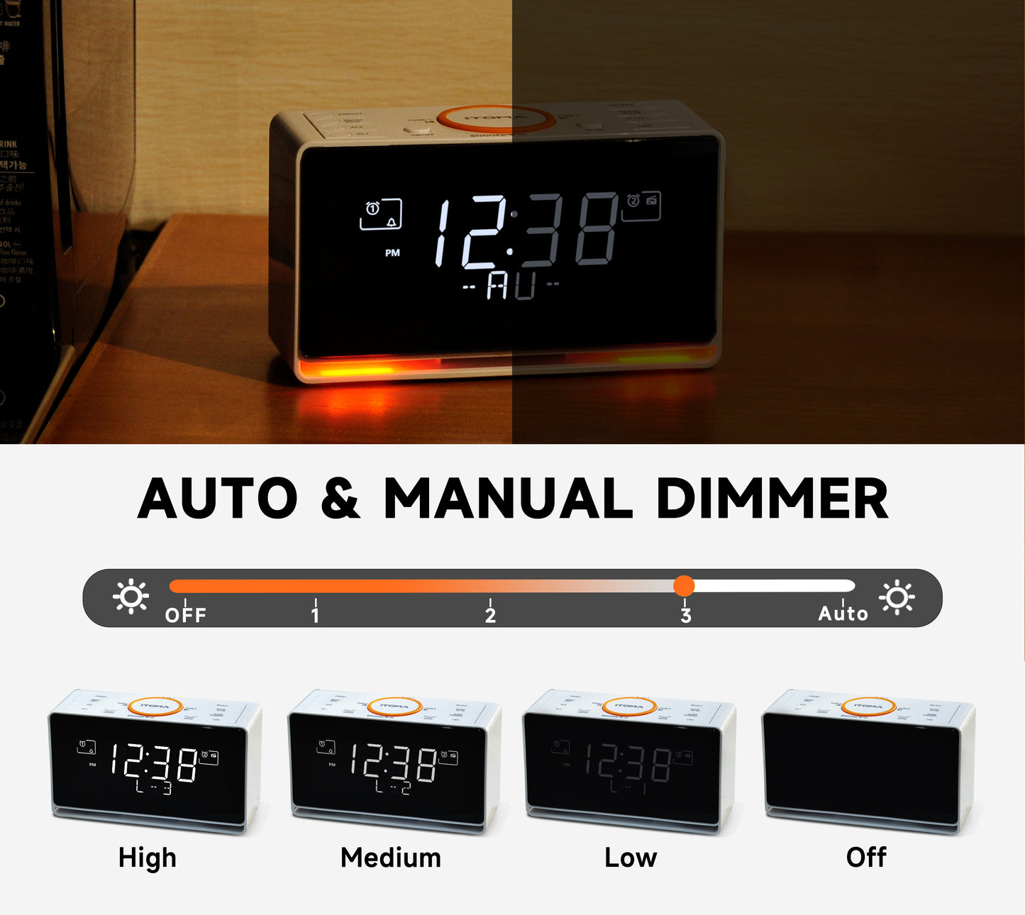 Wecker mit DAB- und UKW-Radio, 40 Voreinstellungen, kabellose Verbindung, Doppelalarm, Sleep-Timer, Dimmersteuerung, USB-Ladegerät und Kopfhöreranschluss iTOMA 728