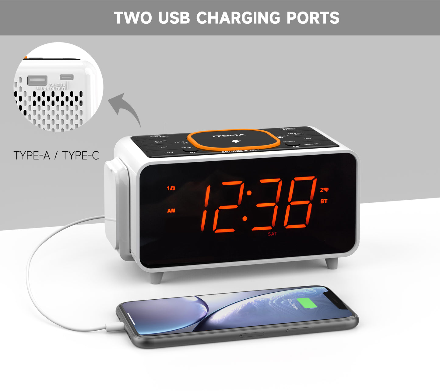 Bedside App Control Dual Wireless Charging Alarm Clock Radio with Bluetooth Speaker, FM Radio, Two USB Port, Dual Alarm, Snooze, Night Light, Auto & Manual Dimmer Control and 1.4" Orange Display iTOMA 209A-EU