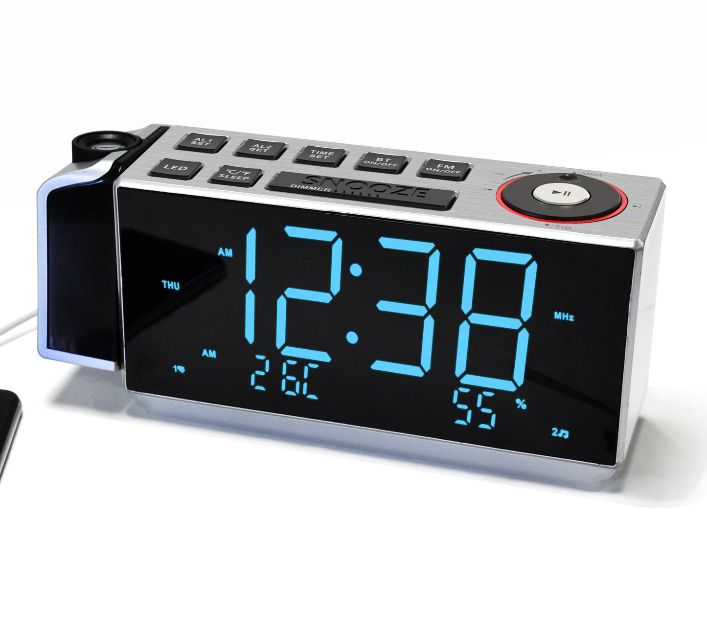 Digitaler Projektionswecker mit FM-Radio, USB-Aufladung, 1,8-Zoll-LED-Display, Nachtlicht, Doppelalarm, Schlummerfunktion, Dimmersteuerung, Radiowecker fürs Bett iTOMA 509