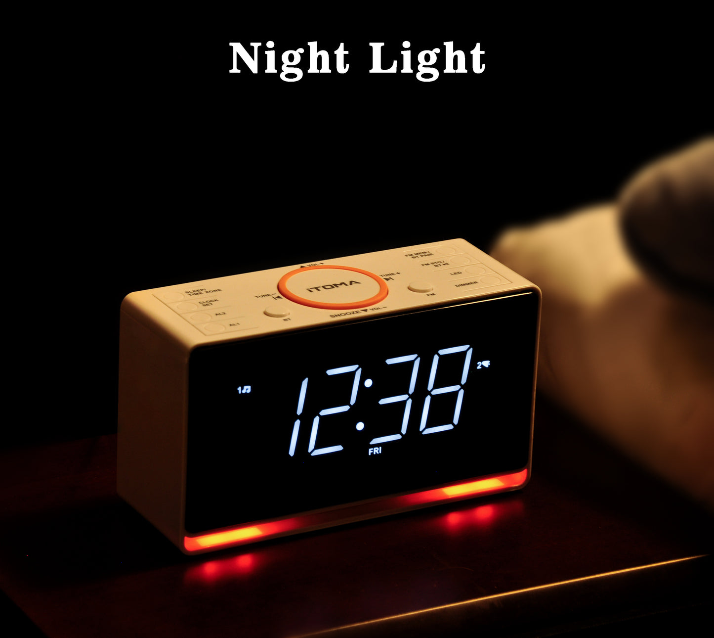 Radio despertador digital con pantalla LED blanca de 1,4" y Bluetooth, radio FM, alarma dual, temporizador de apagado automático, función de repetición, atenuador automático y manual, cargador USB y luz nocturna iTOMA 718