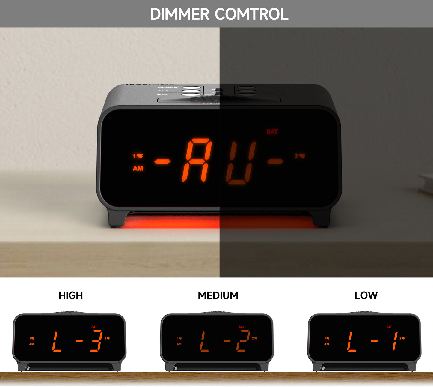 iTOMA 213-EU Small Alarm Clocks, Dual Alarms with 4 Alarm Week Modes, Snooze, USB Charger, Auto & Manual Dimmer,12/24Hr,Night Light and Orange LED Display Clock for Bedrooms
